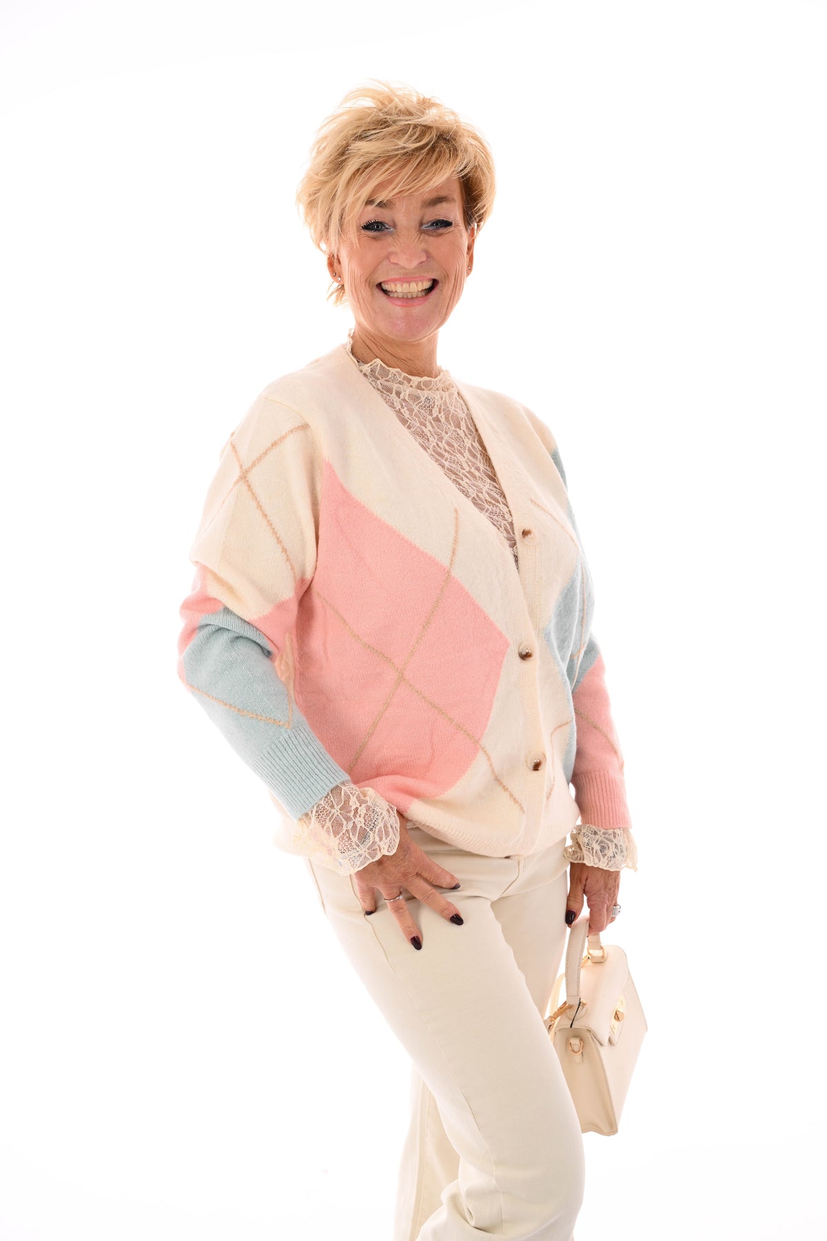 Fijn gebreid vest ruit v-hals roze