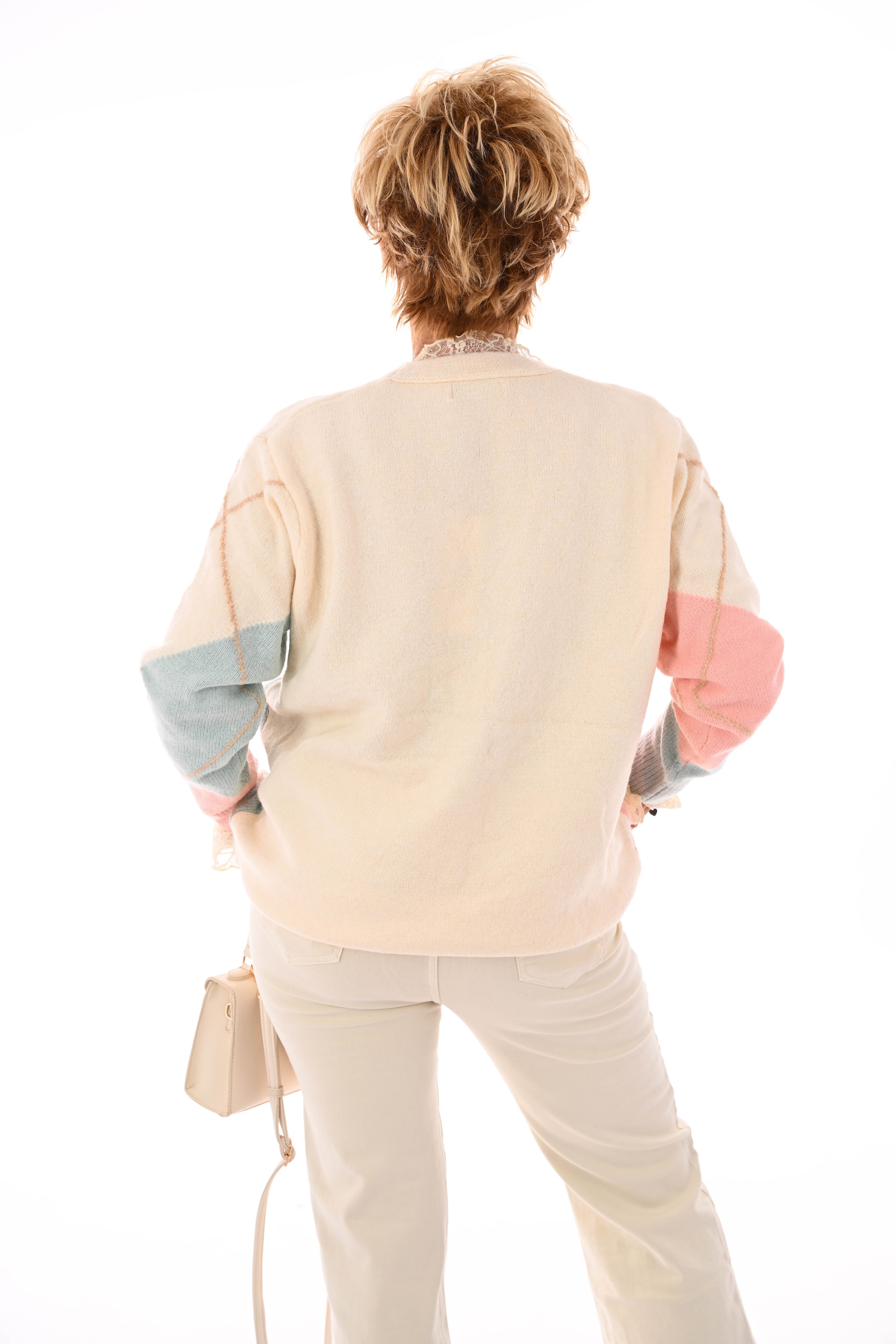 Fijn gebreid vest ruit v-hals roze