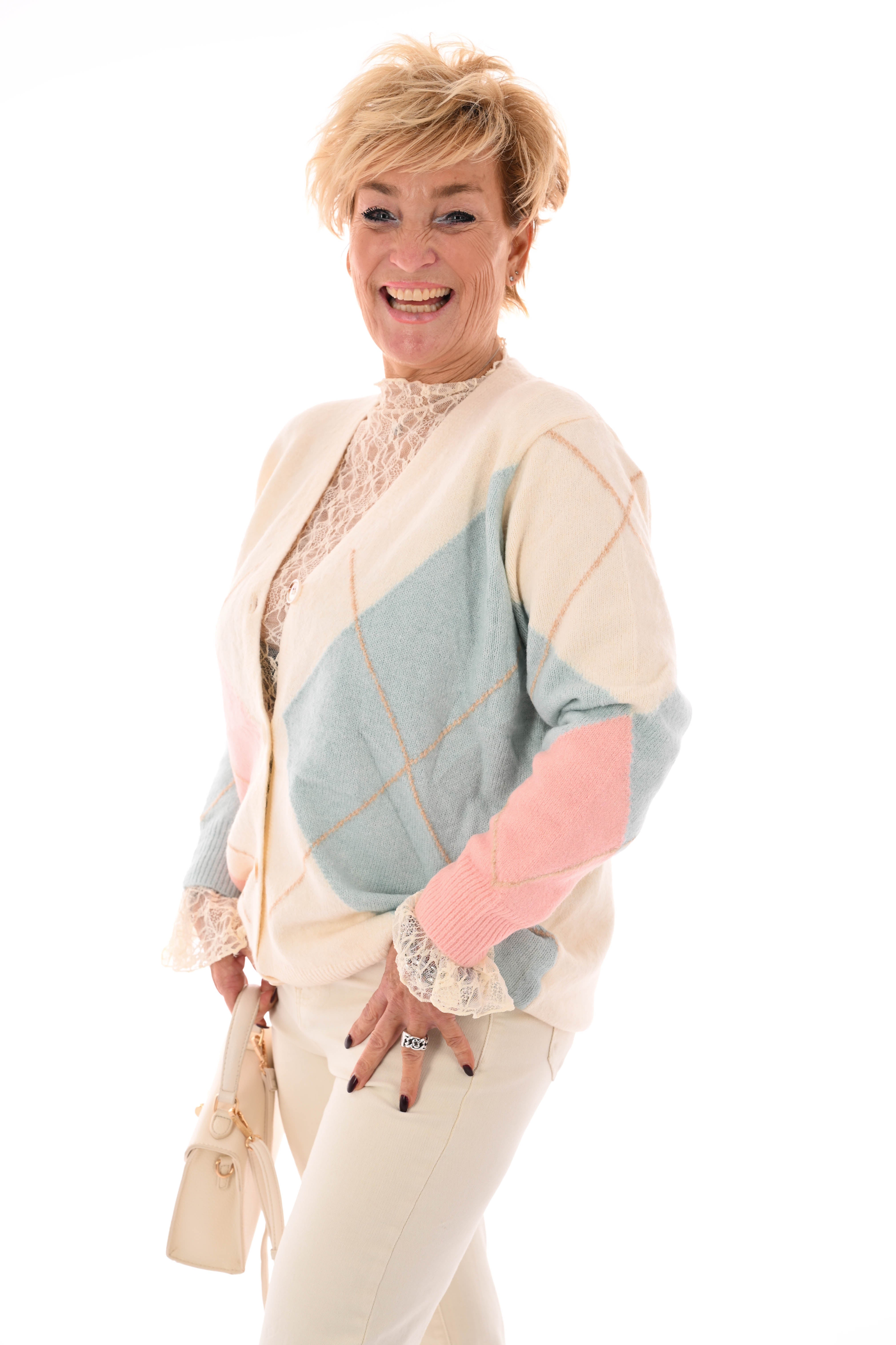 Fijn gebreid vest ruit v-hals roze