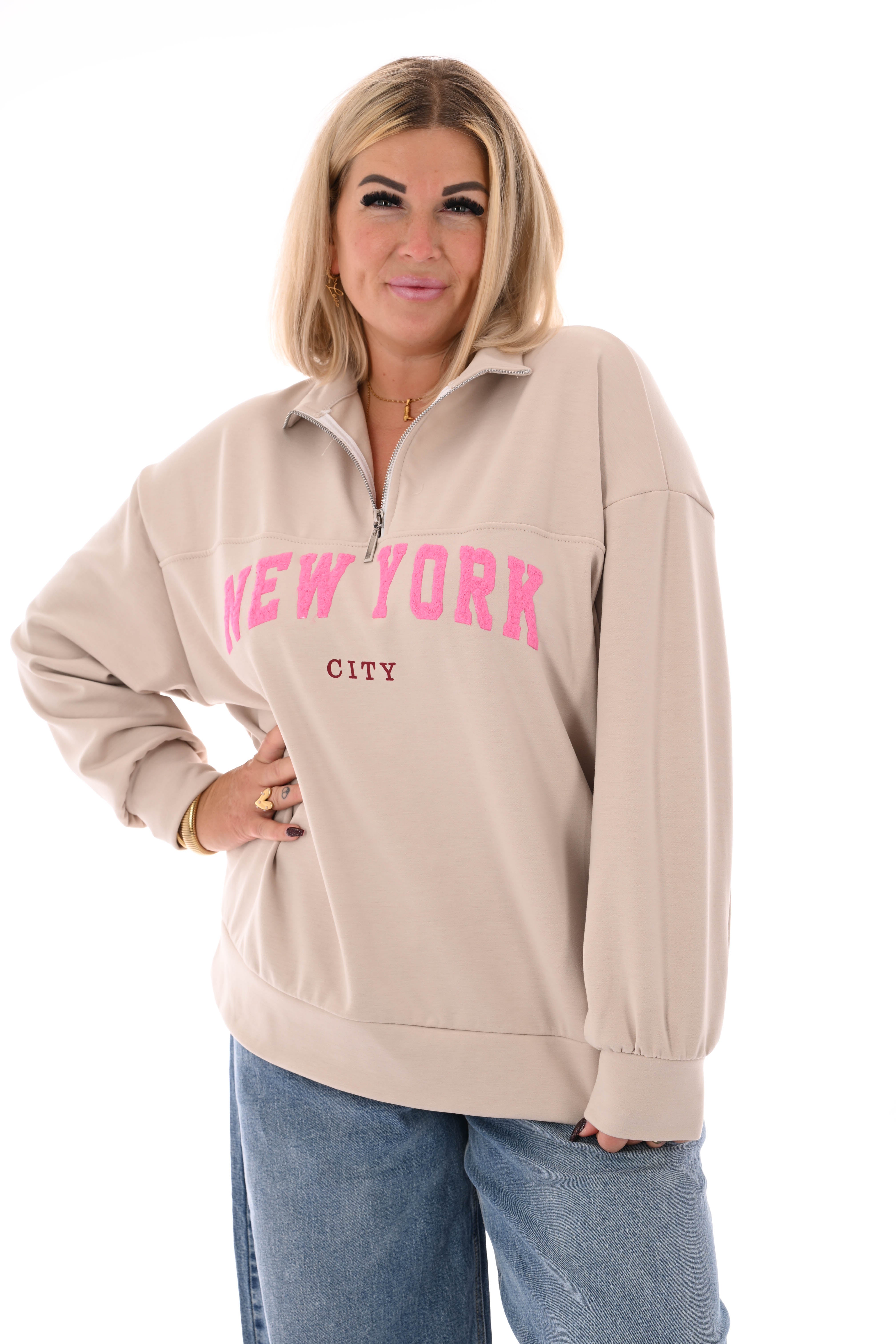 Sweater new york met rits beige
