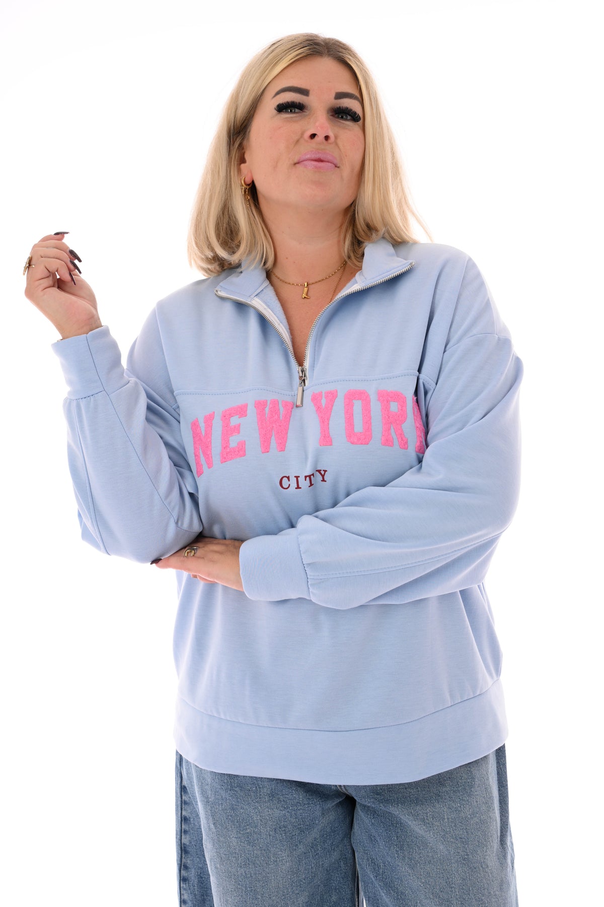 Sweater new york met rits lichtblauw