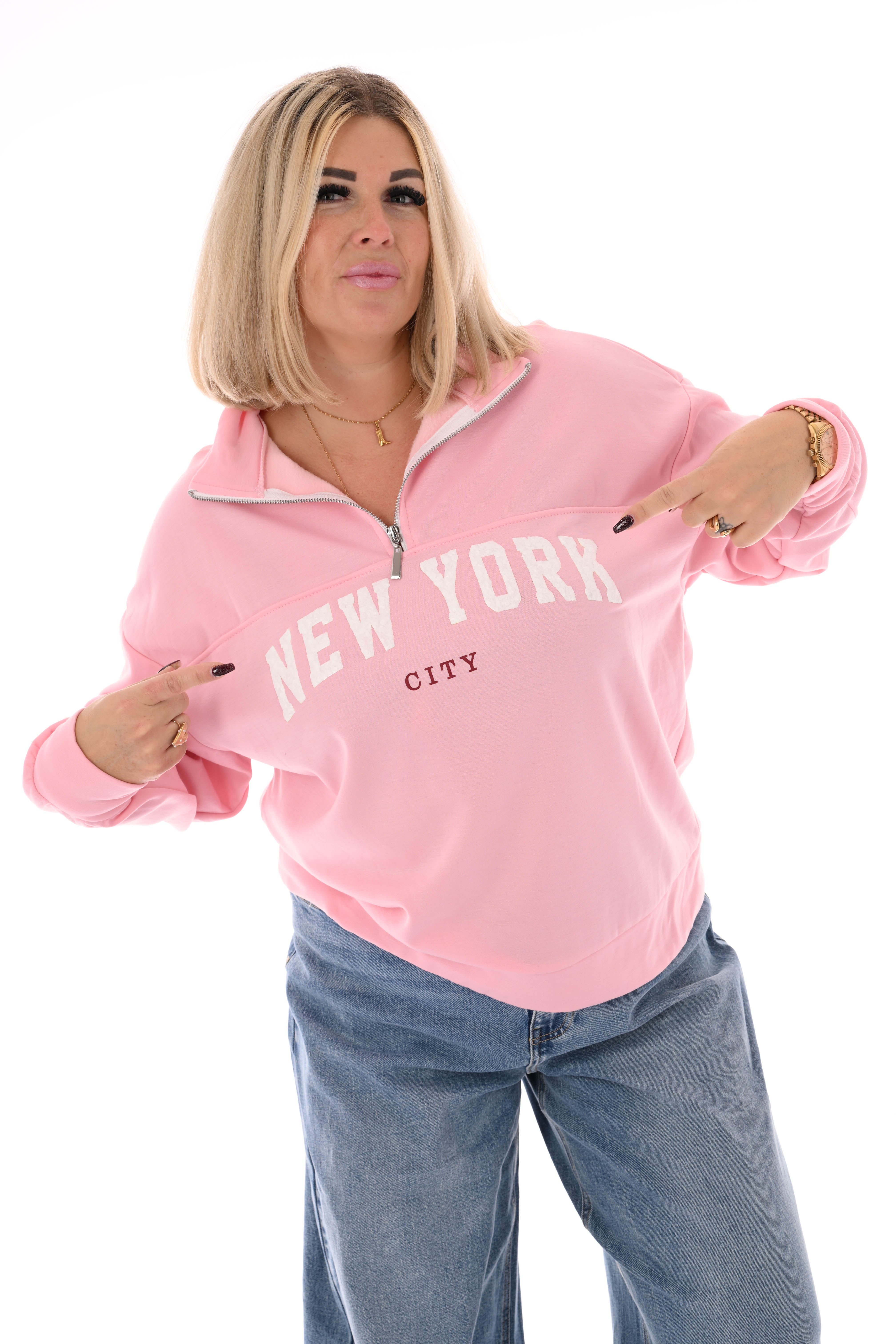 Sweater new york met rits lichtroze