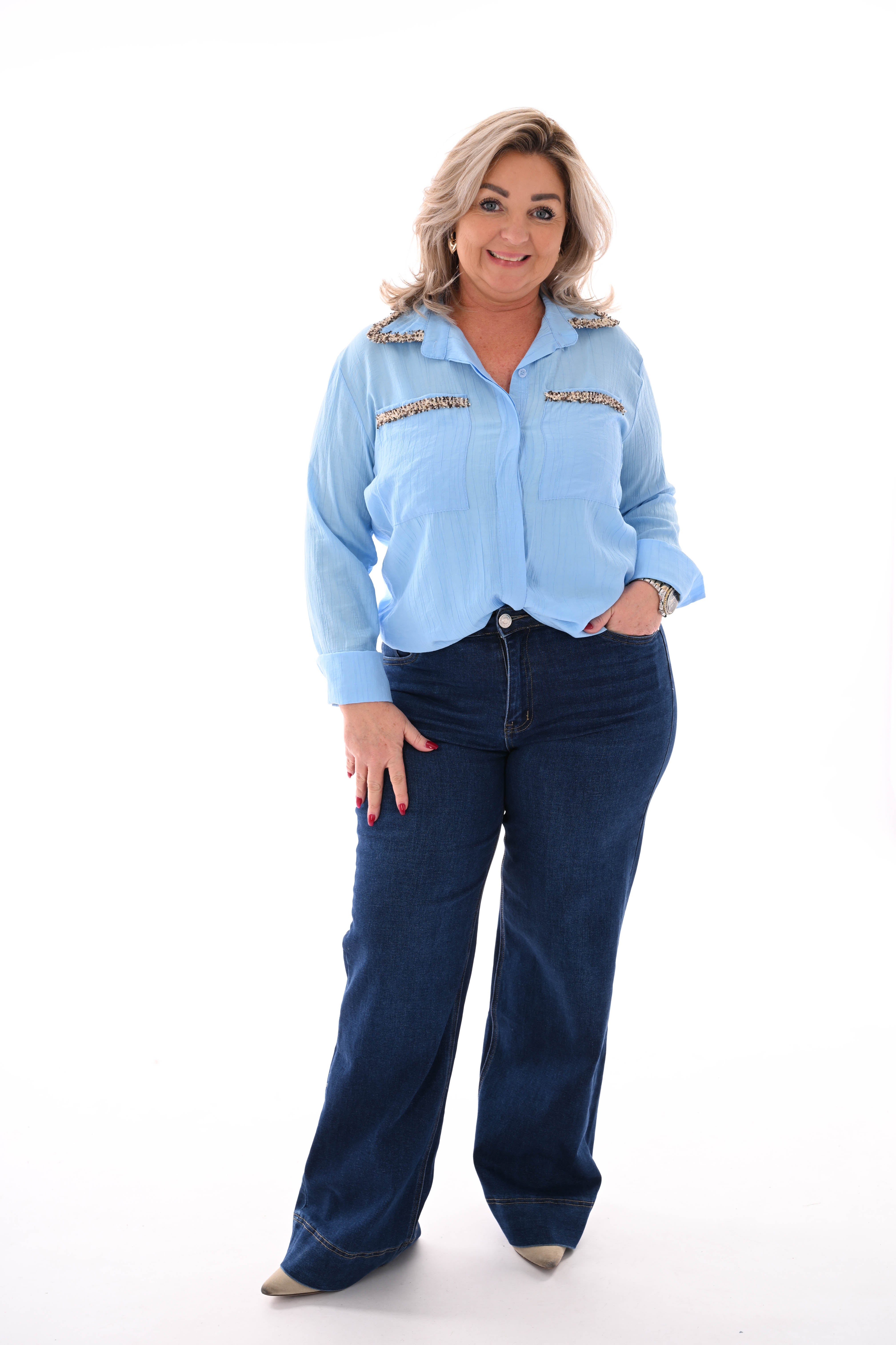 Blouse glitter rand met kraag lichtblauw