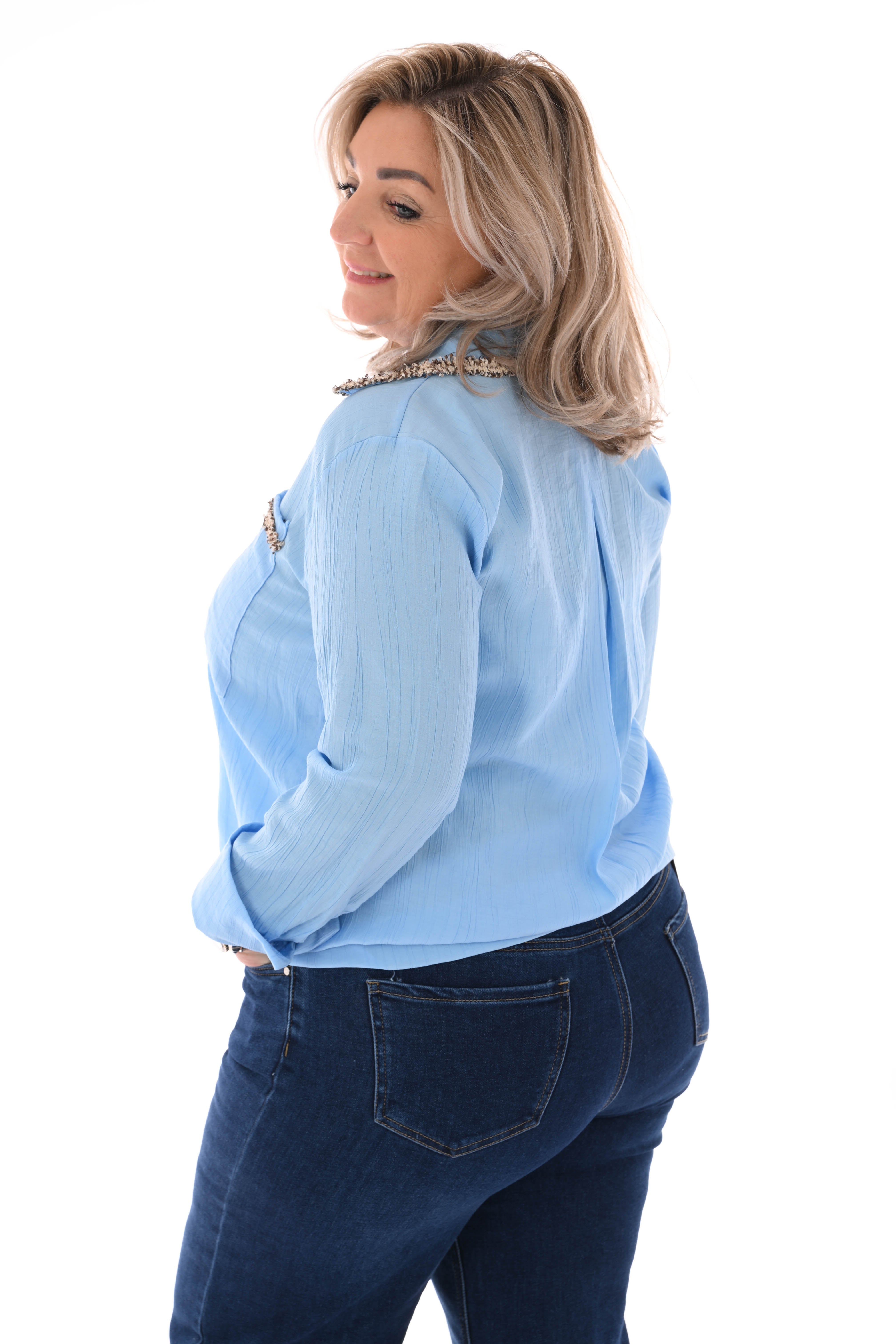 Blouse glitter rand met kraag lichtblauw