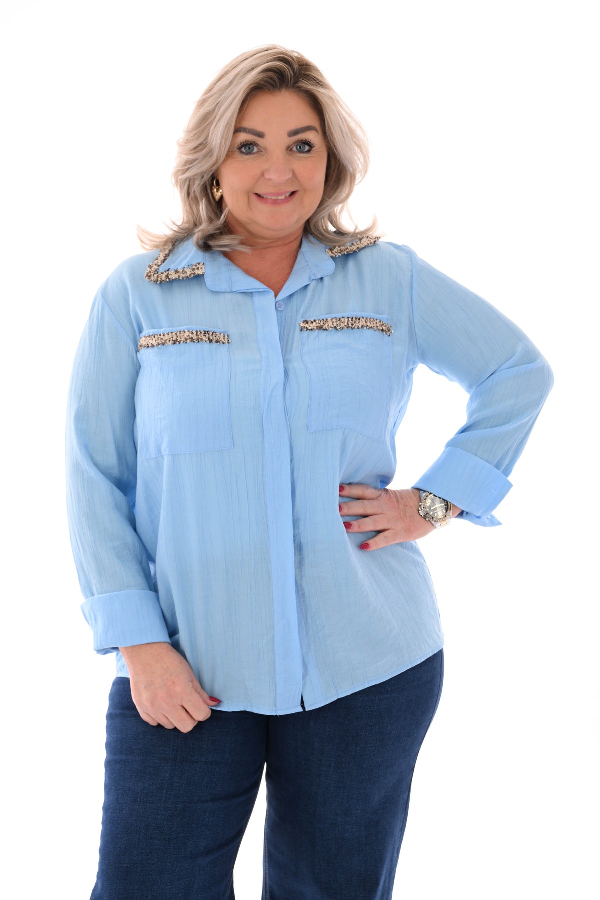 Blouse glitter rand met kraag lichtblauw