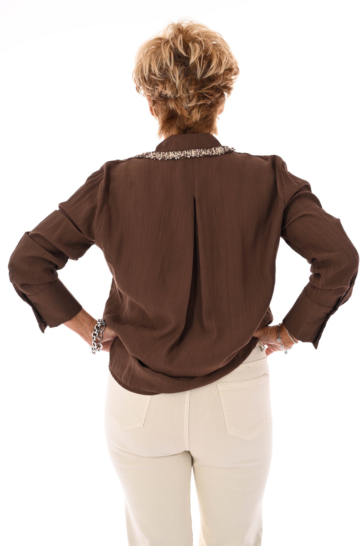 Blouse glitter rand met kraag bruin