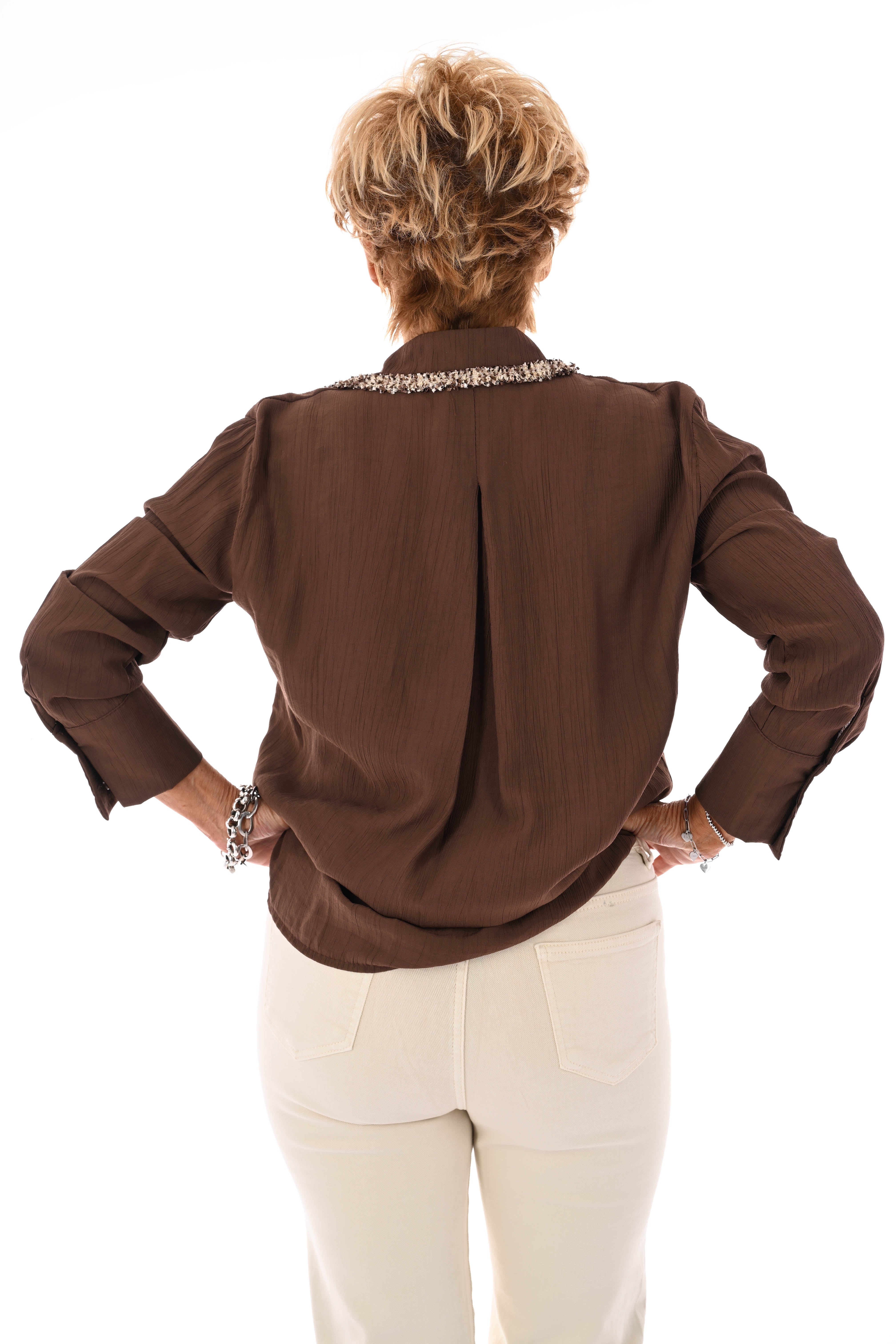 Blouse glitter rand met kraag bruin