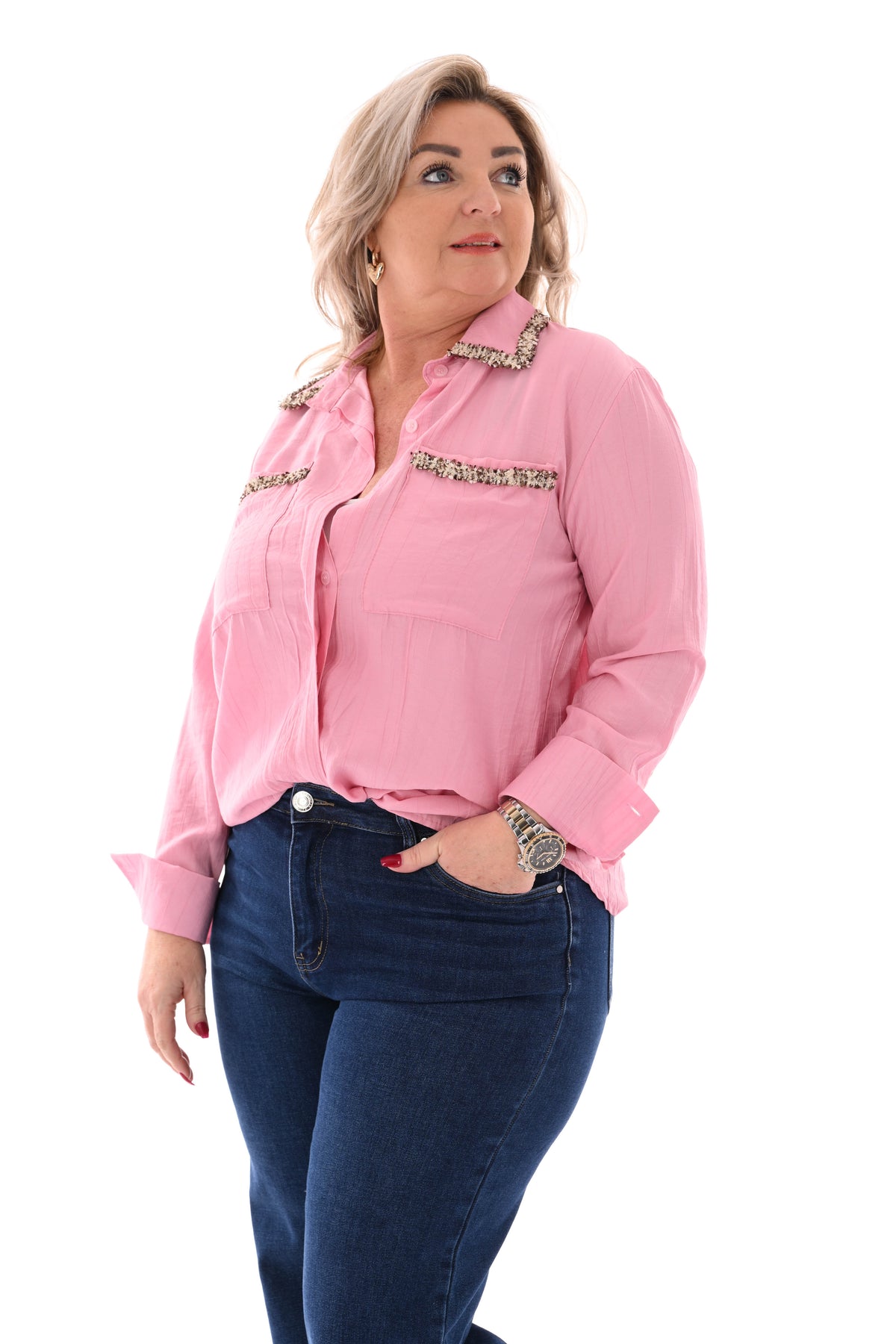 Blouse glitter rand met kraag lichtroze