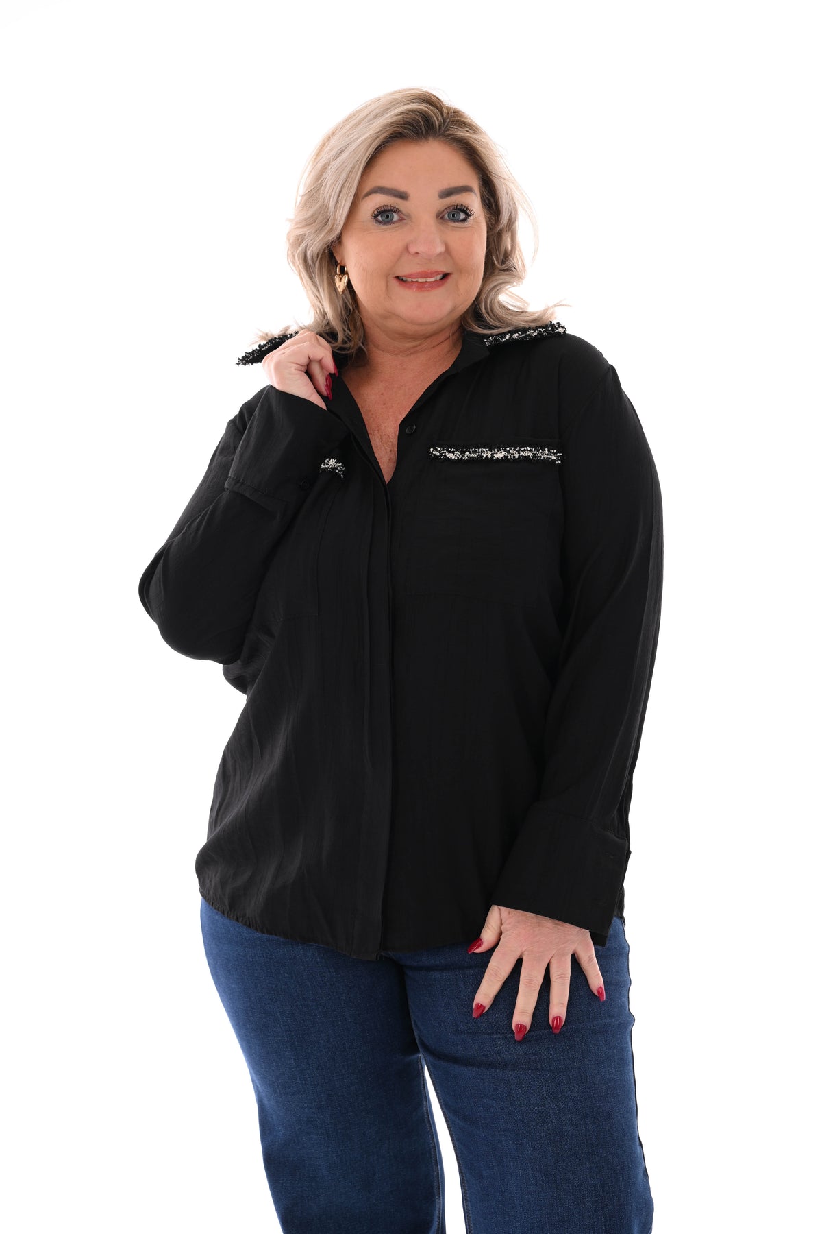 Blouse glitter rand met kraag zwart