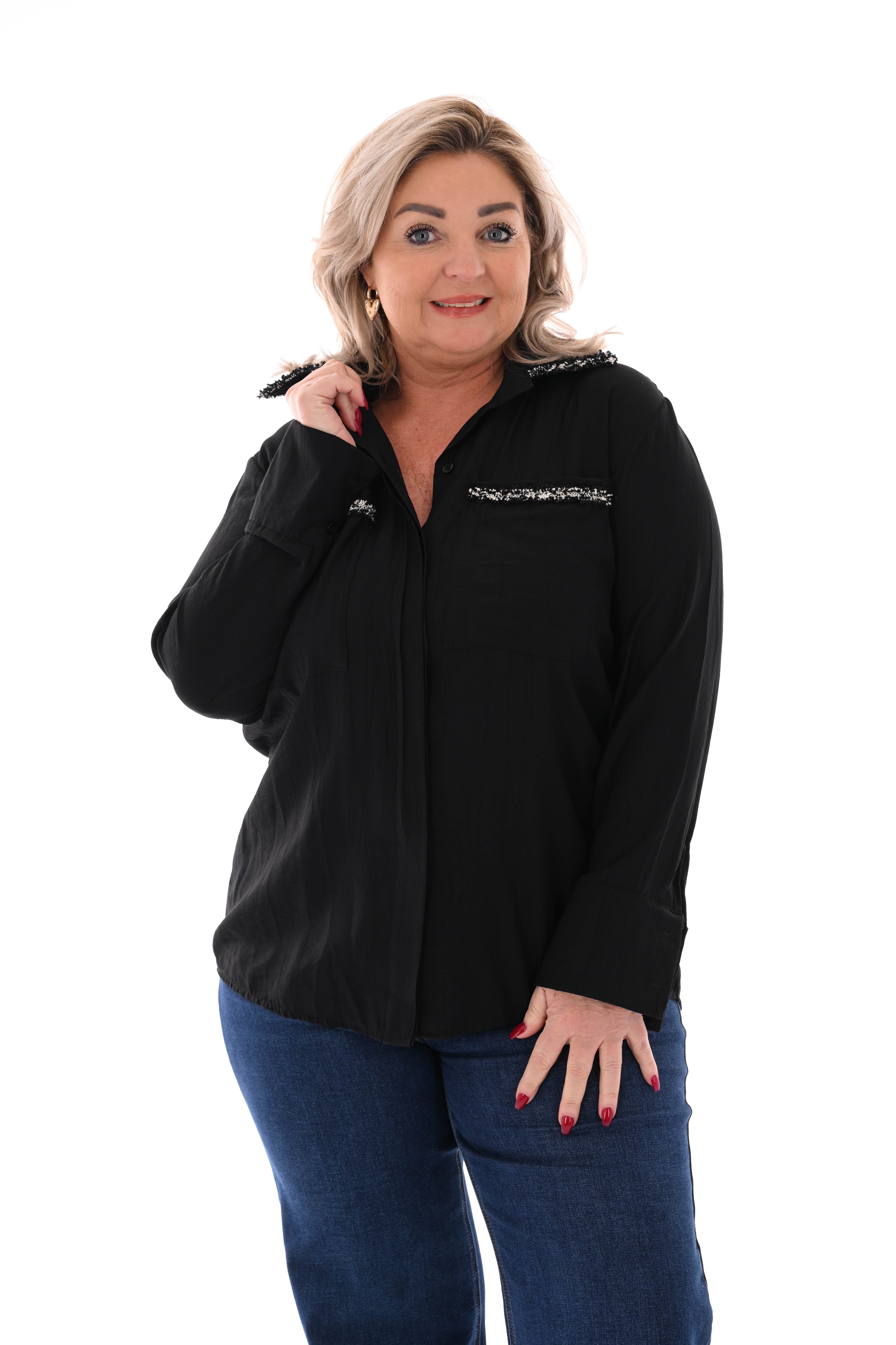 Blouse glitter rand met kraag zwart