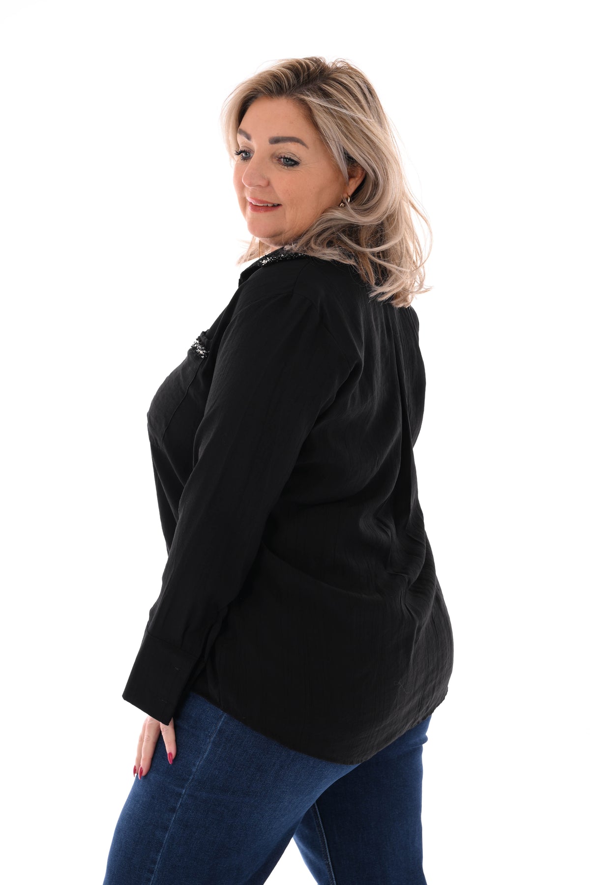 Blouse glitter rand met kraag zwart