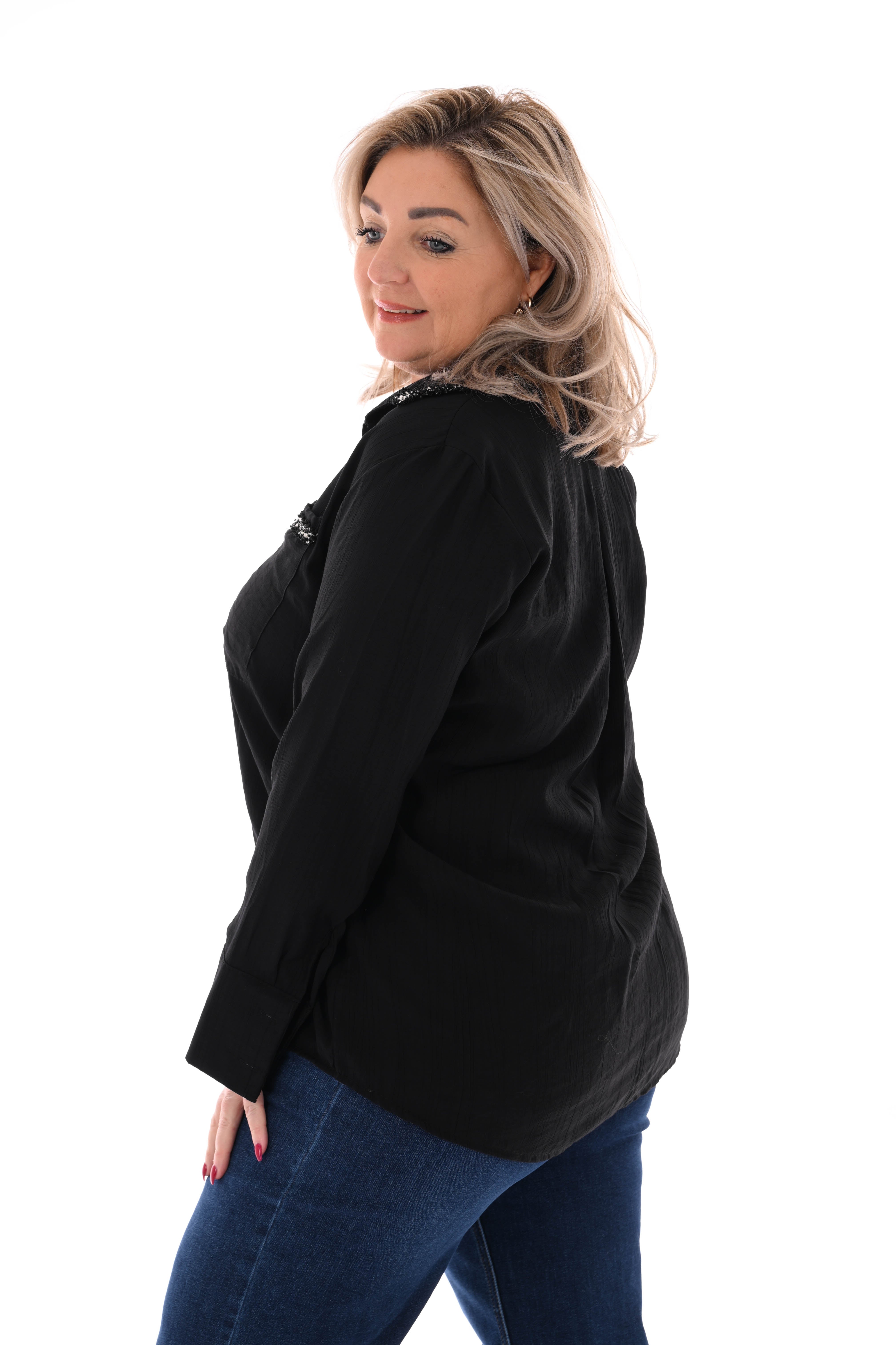 Blouse glitter rand met kraag zwart