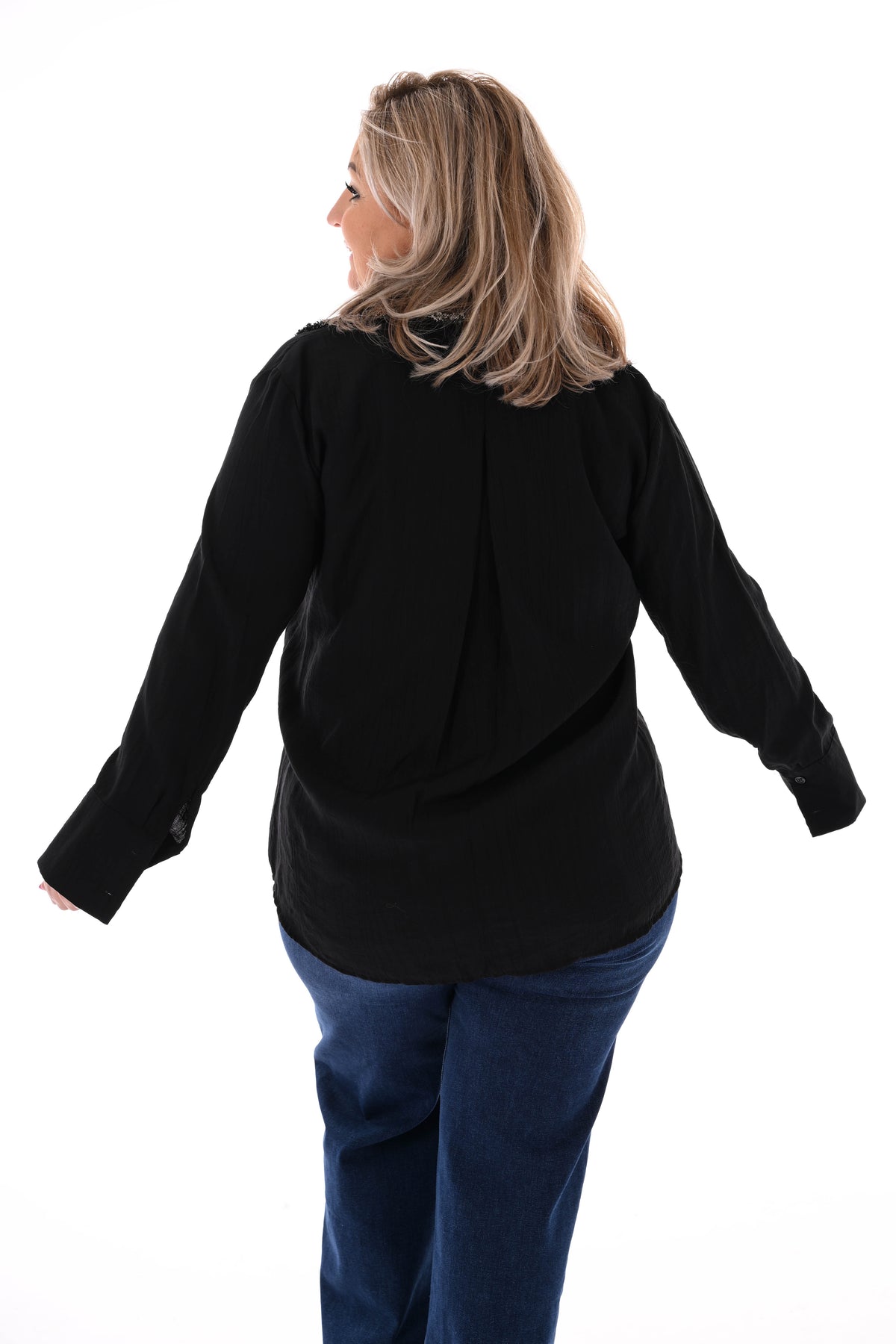 Blouse glitter rand met kraag zwart