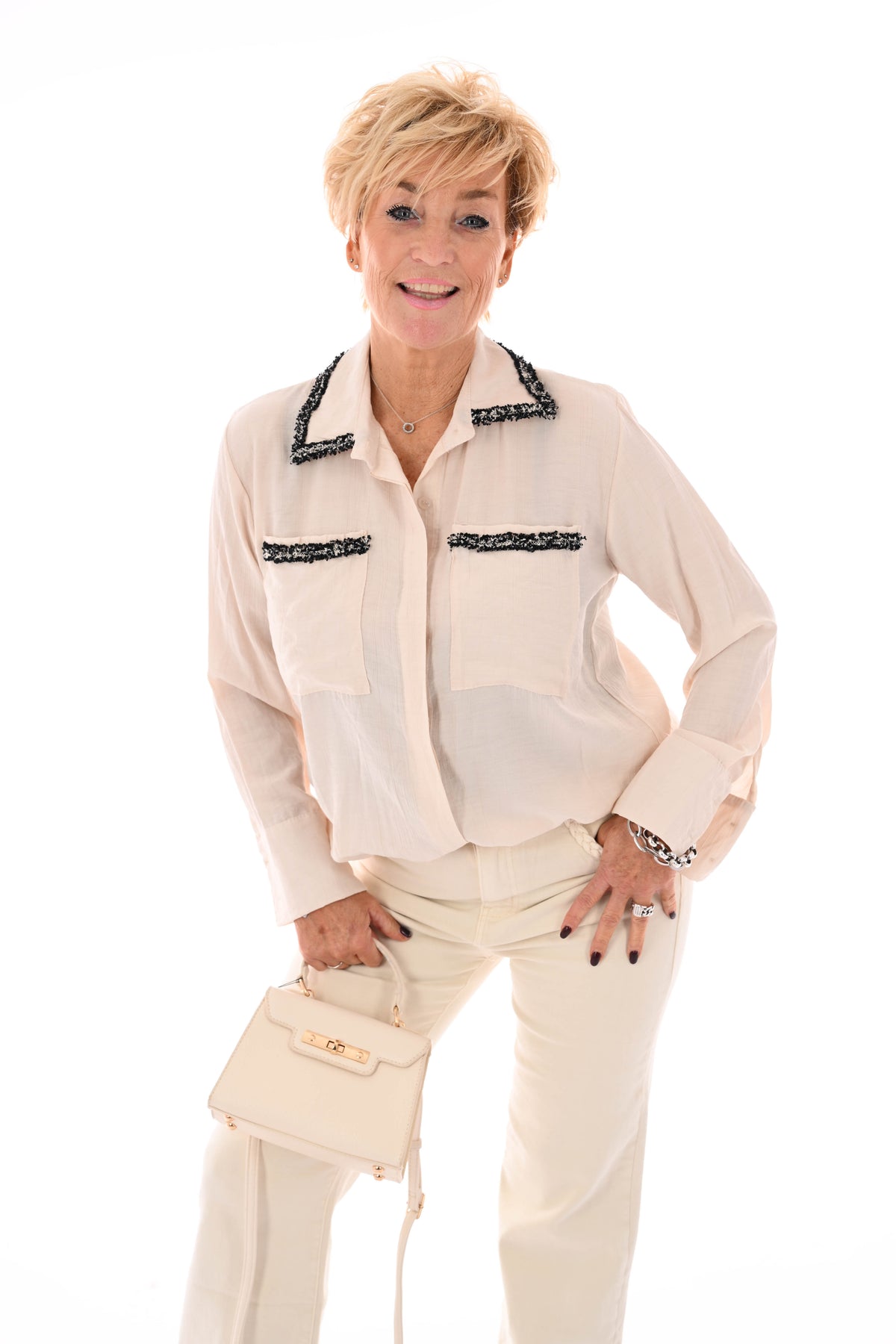 Blouse glitter rand met kraag creme