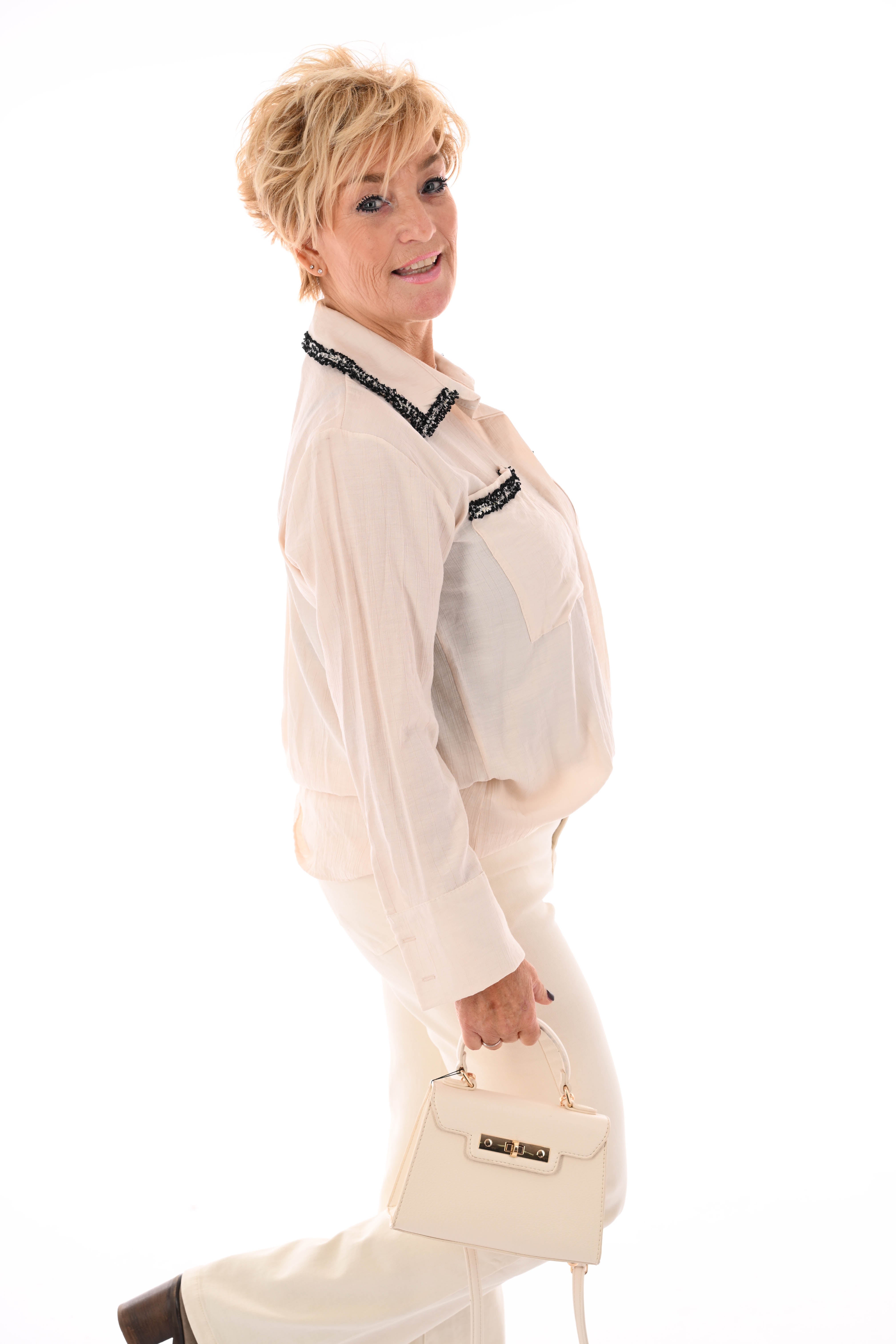 Blouse glitter rand met kraag creme