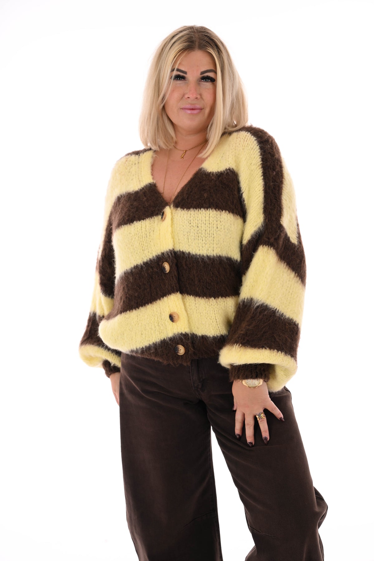 Vest strepen met knopen lichtgeel/donkerbruin