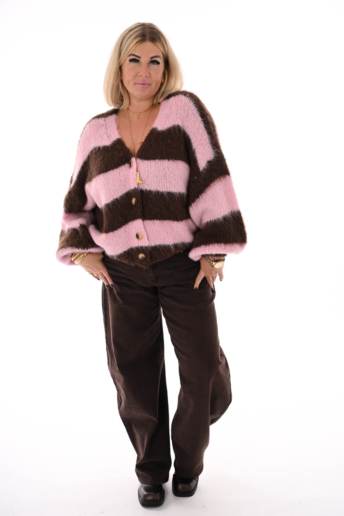 Vest strepen met knopen lichtroze/donkerbruin