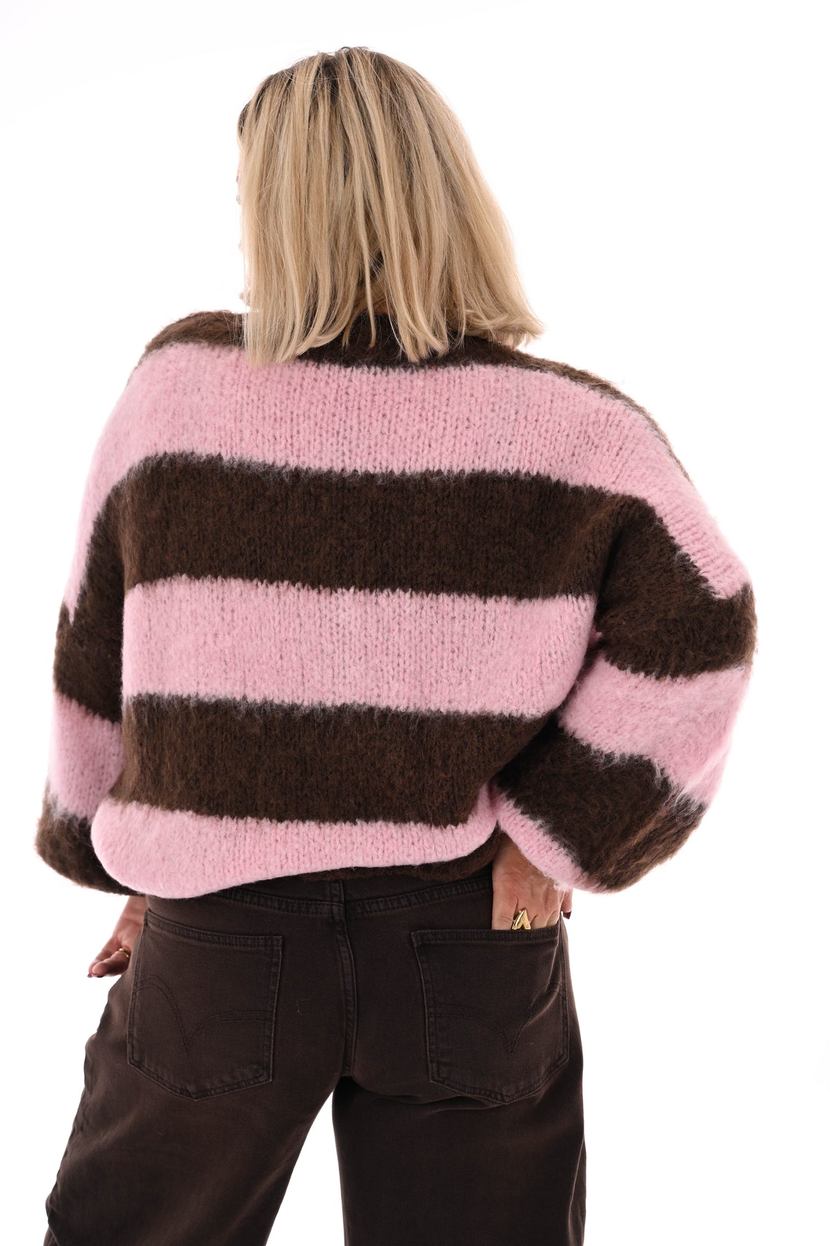 Vest strepen met knopen lichtroze/donkerbruin