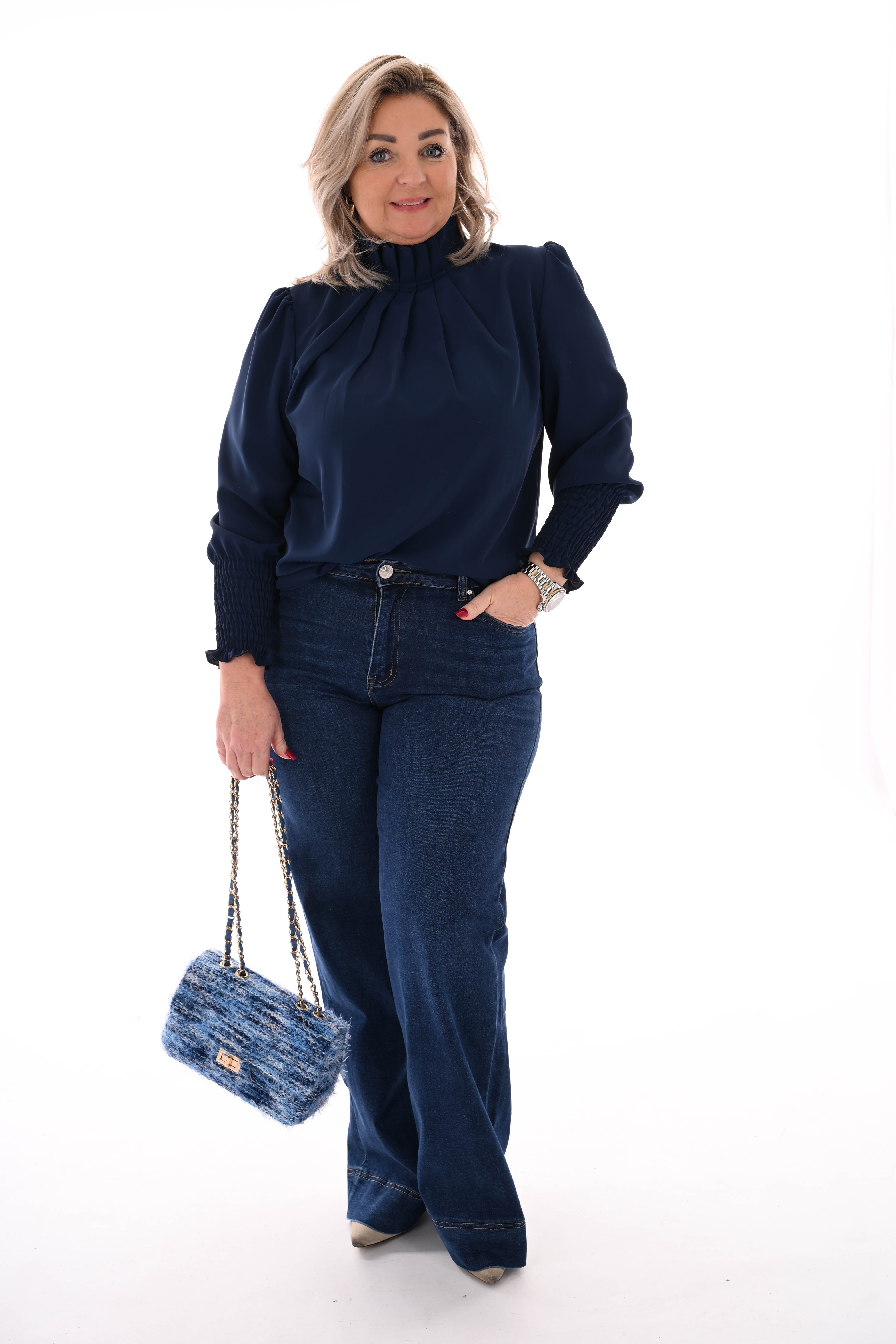 Blouse turtle neck smock mouwen marineblauw