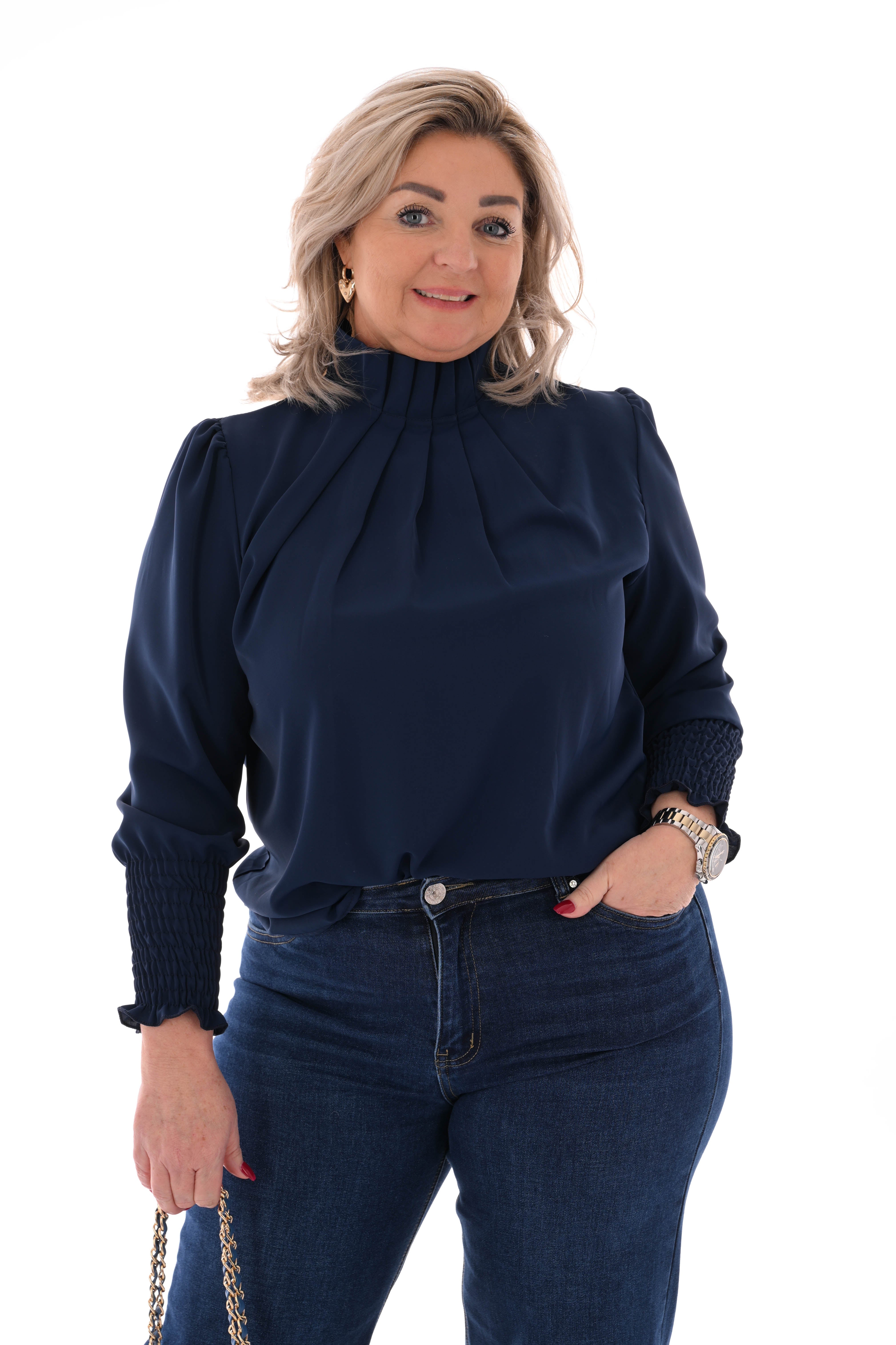 Blouse turtle neck smock mouwen marineblauw