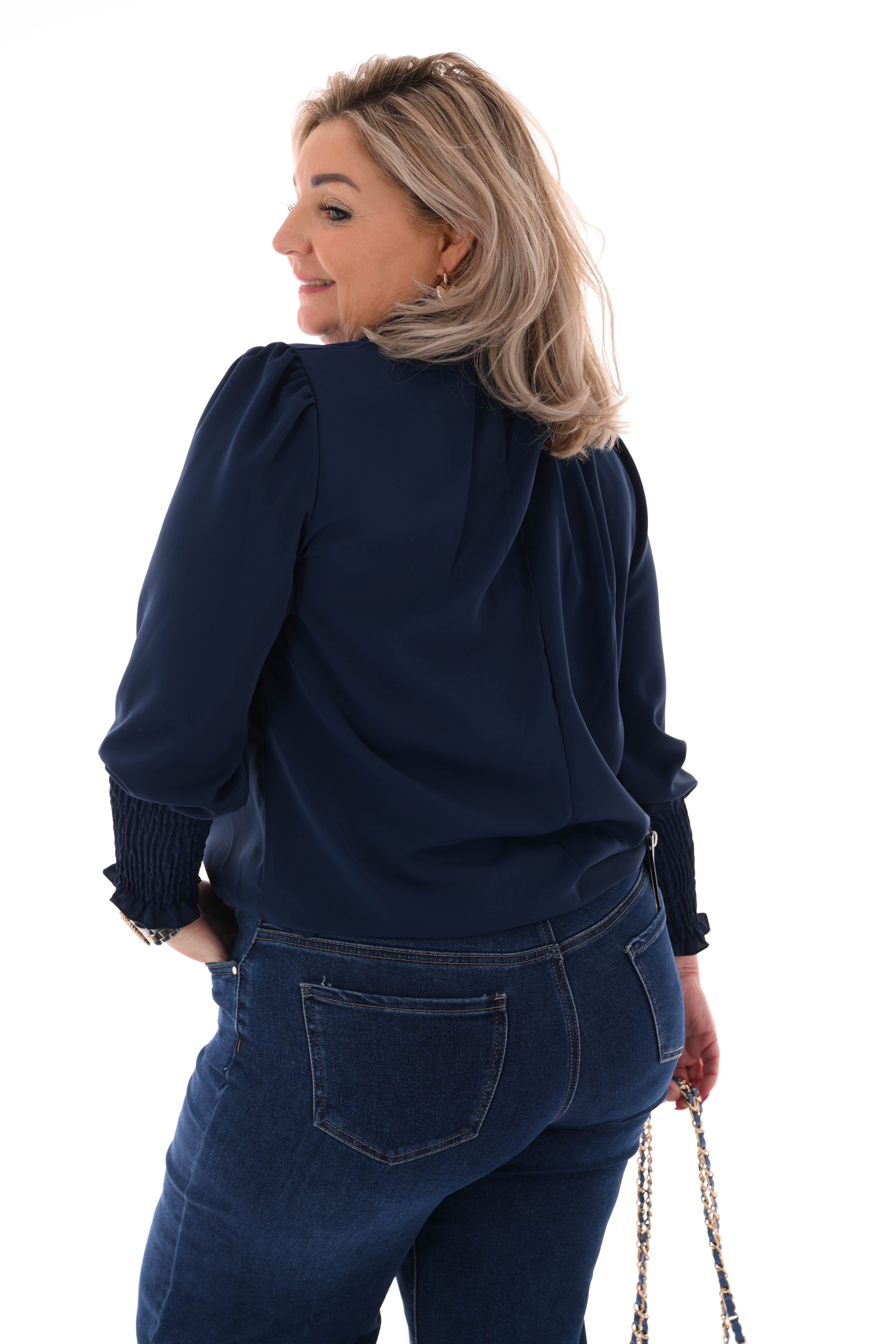 Blouse turtle neck smock mouwen marineblauw