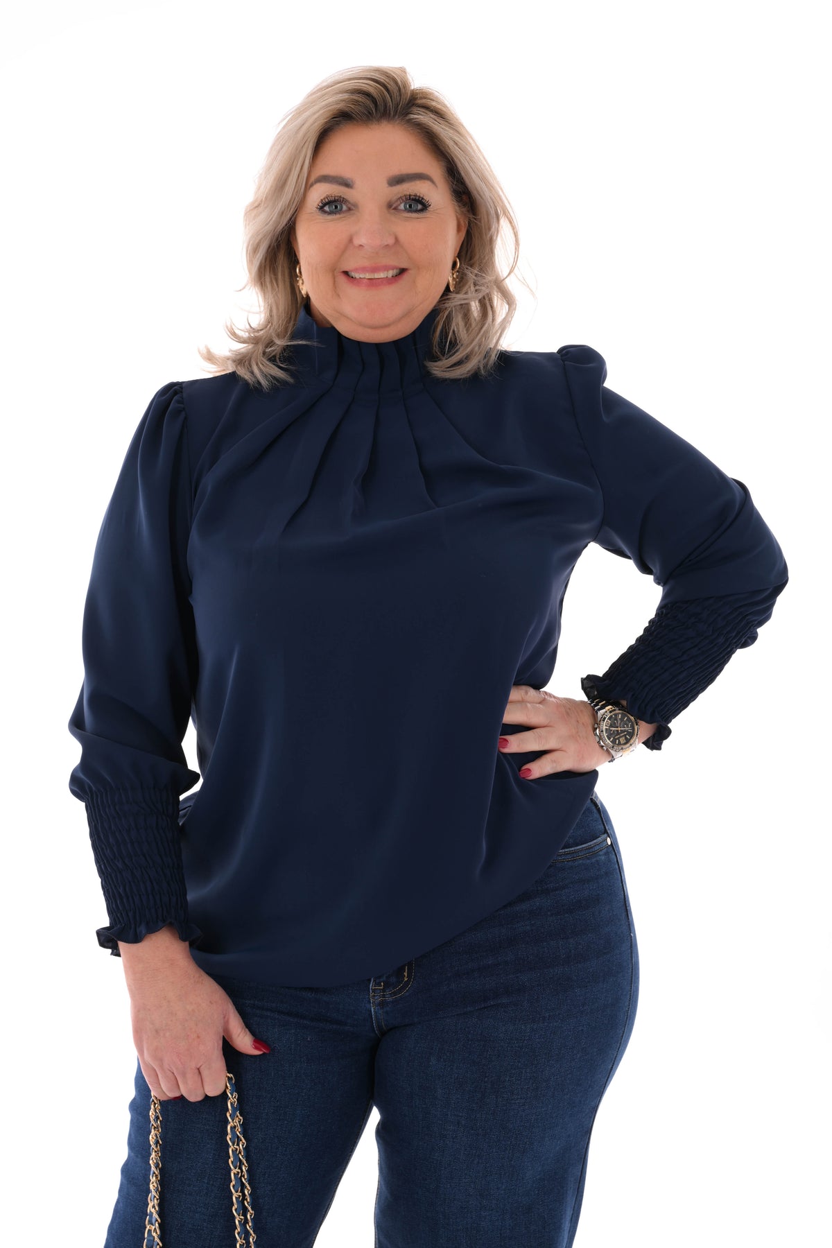 Blouse turtle neck smock mouwen marineblauw