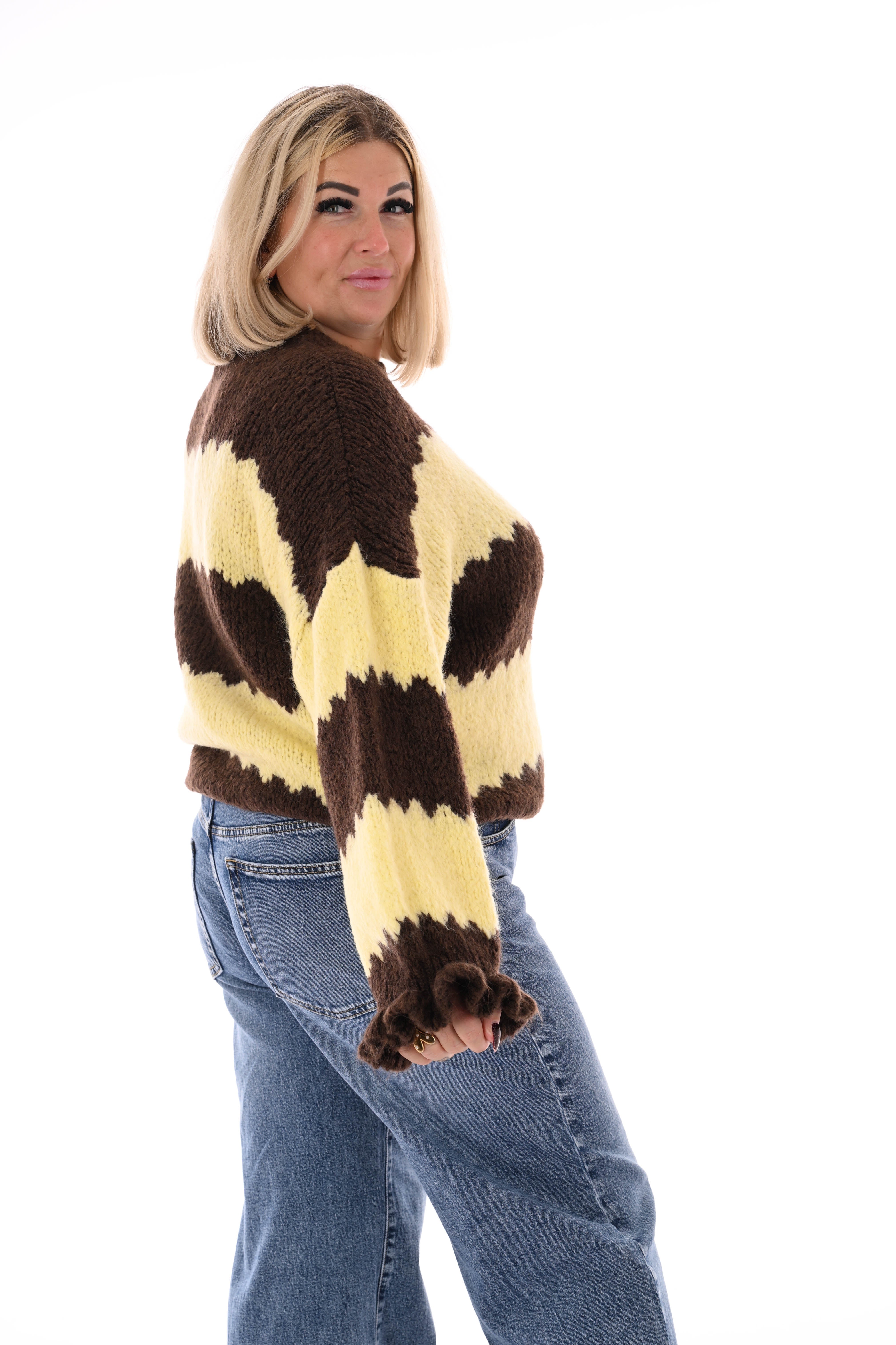 Gebreide trui brede golfstrepen donkerbruin/lichtgeel