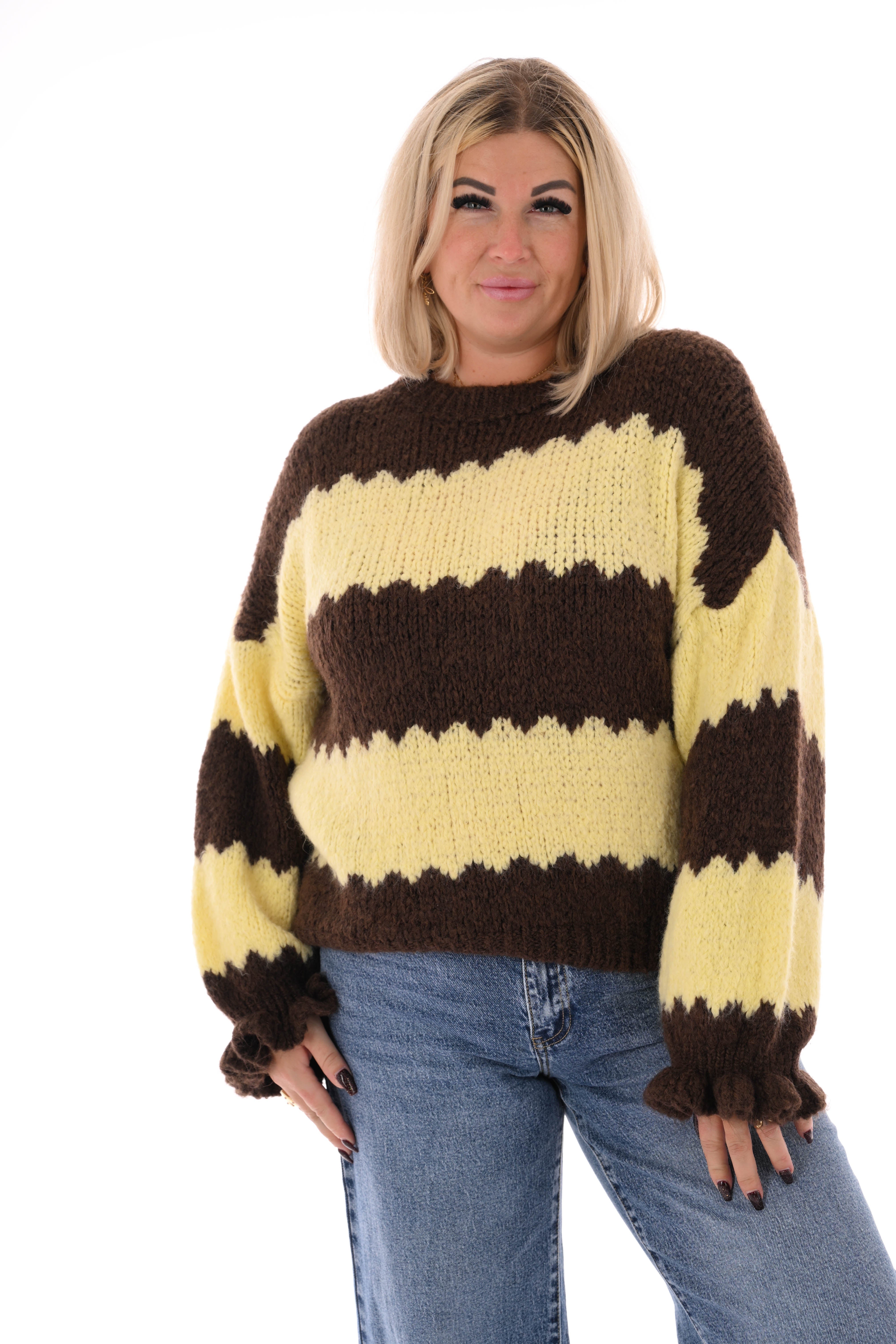 Gebreide trui brede golfstrepen donkerbruin/lichtgeel