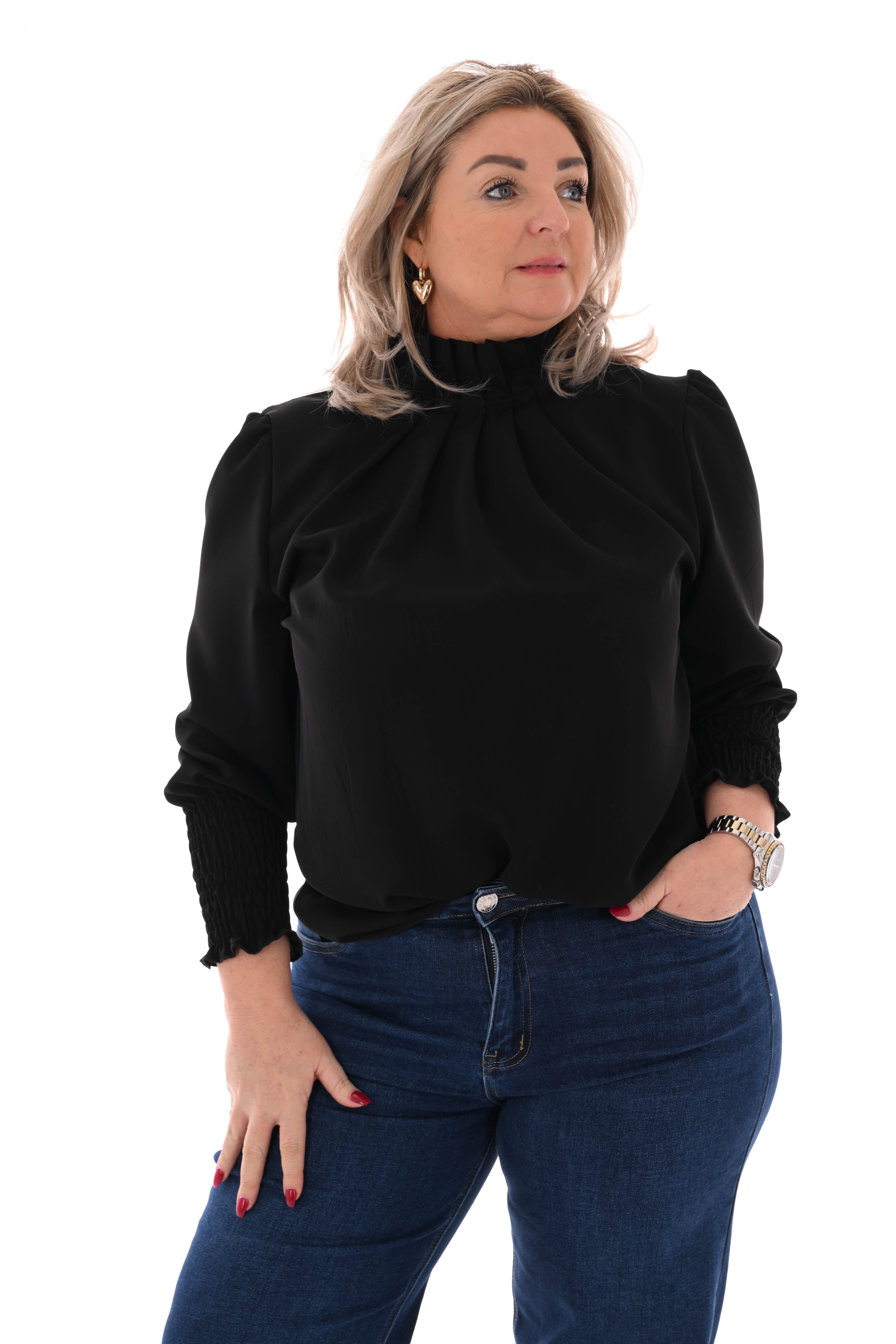 Blouse turtle neck smock mouwen zwart