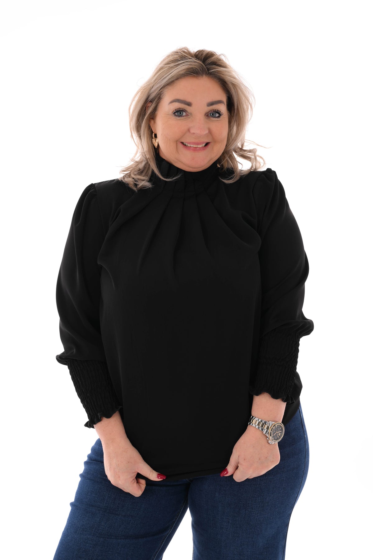 Blouse turtle neck smock mouwen zwart