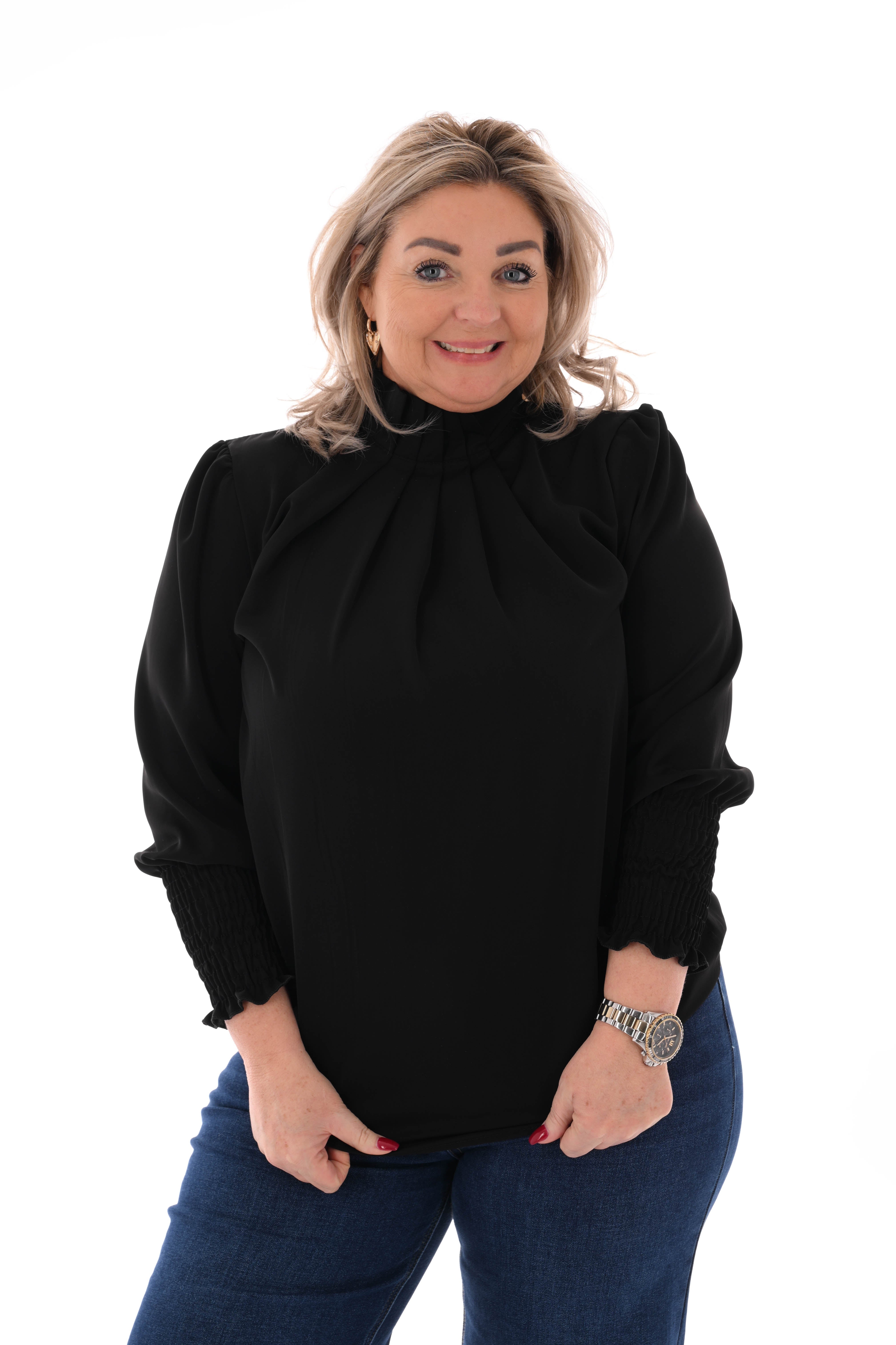 Blouse turtle neck smock mouwen zwart