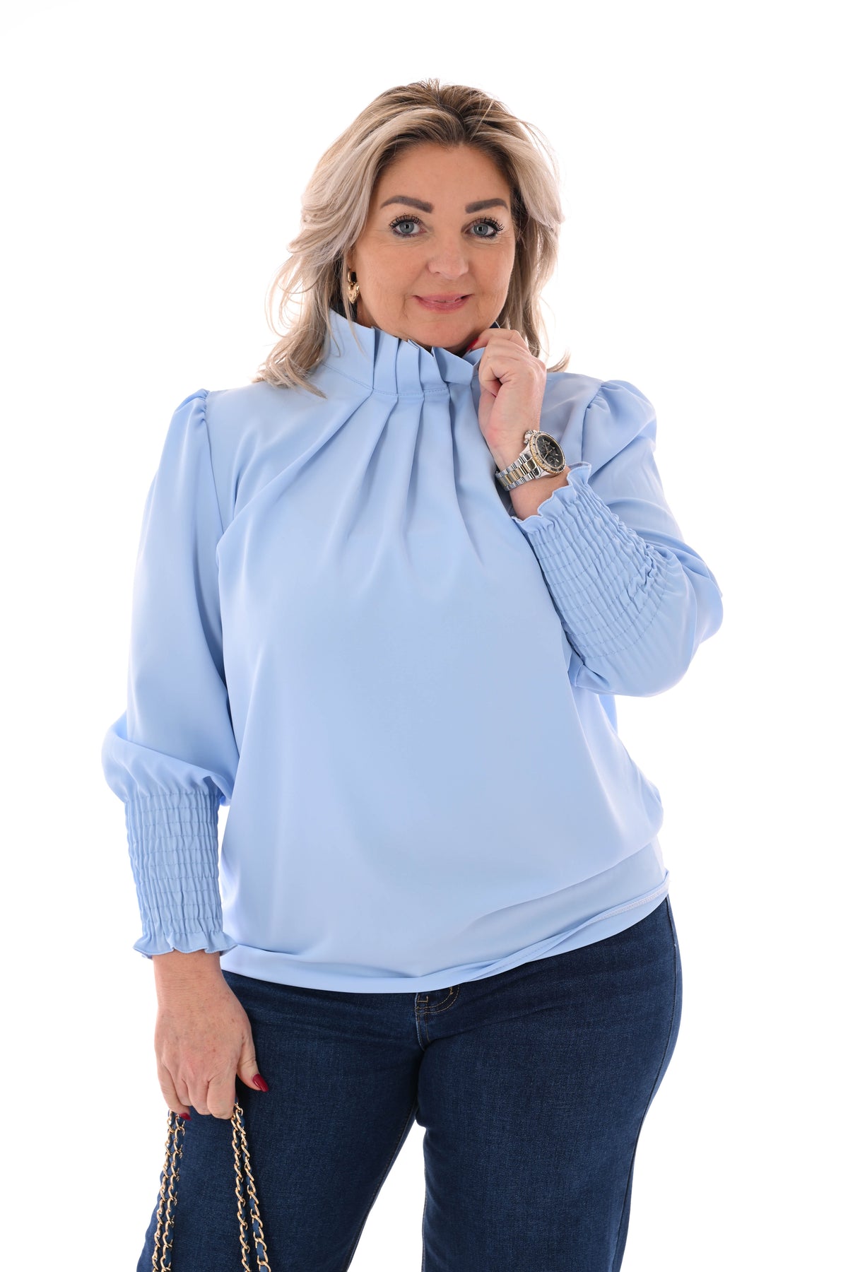 Blouse turtle neck smock mouwen lichtblauw