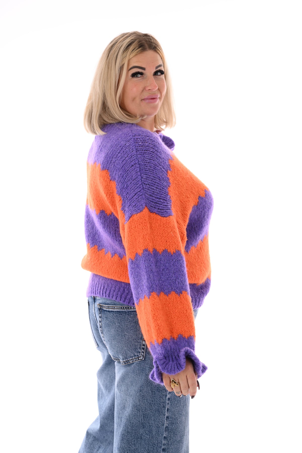 Gebreide trui brede golfstrepen oranje/paars