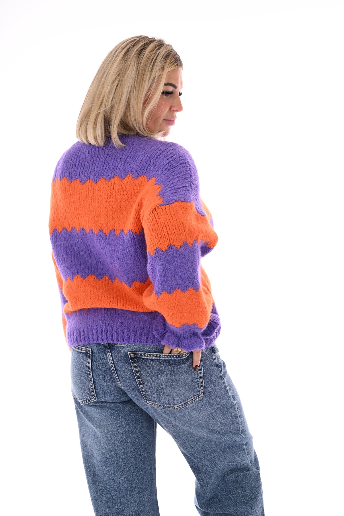 Gebreide trui brede golfstrepen oranje/paars