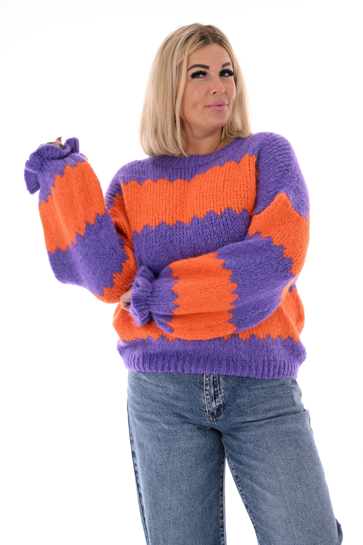 Gebreide trui brede golfstrepen oranje/paars