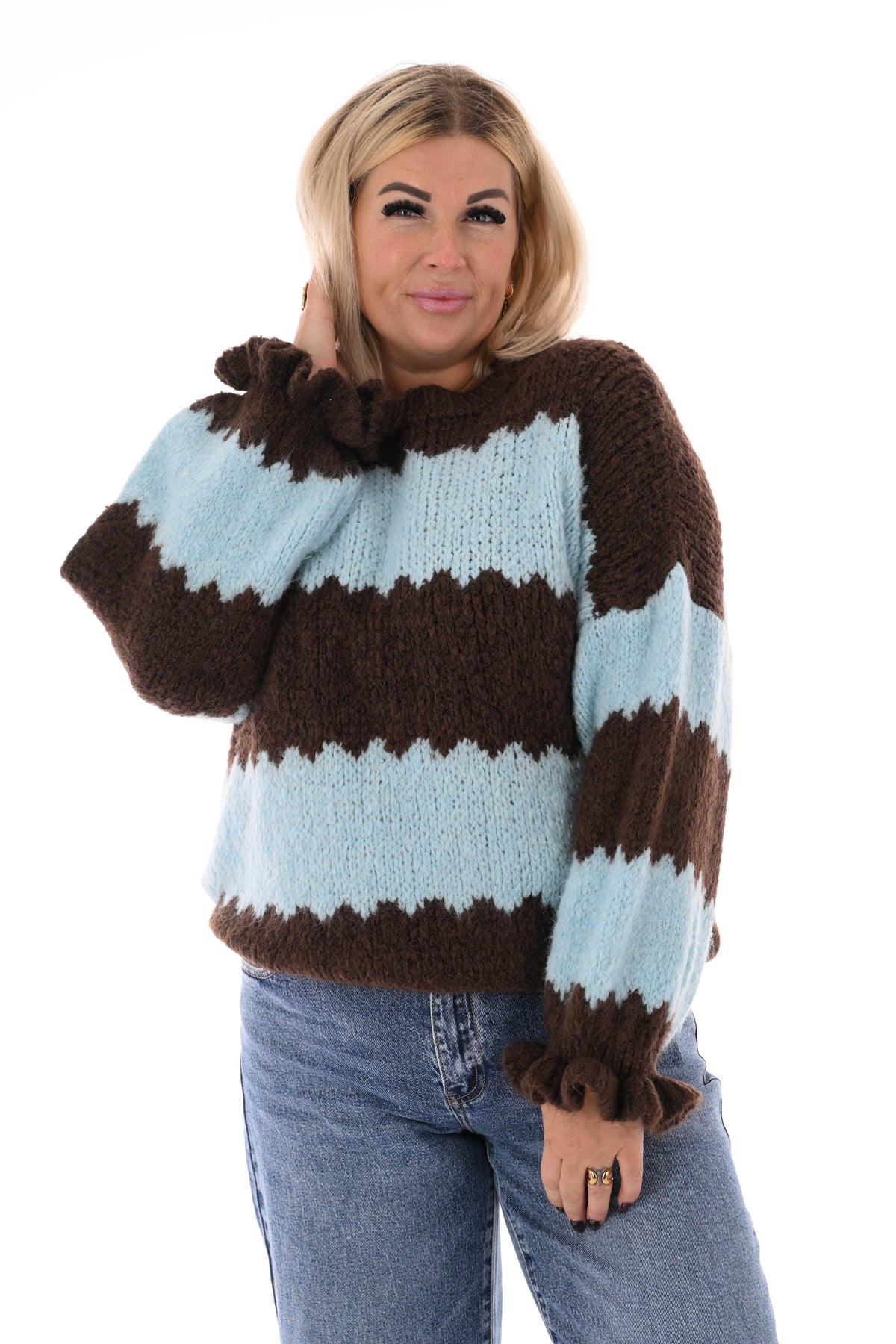 Gebreide trui brede golfstrepen donkerbruin/lichtblauw