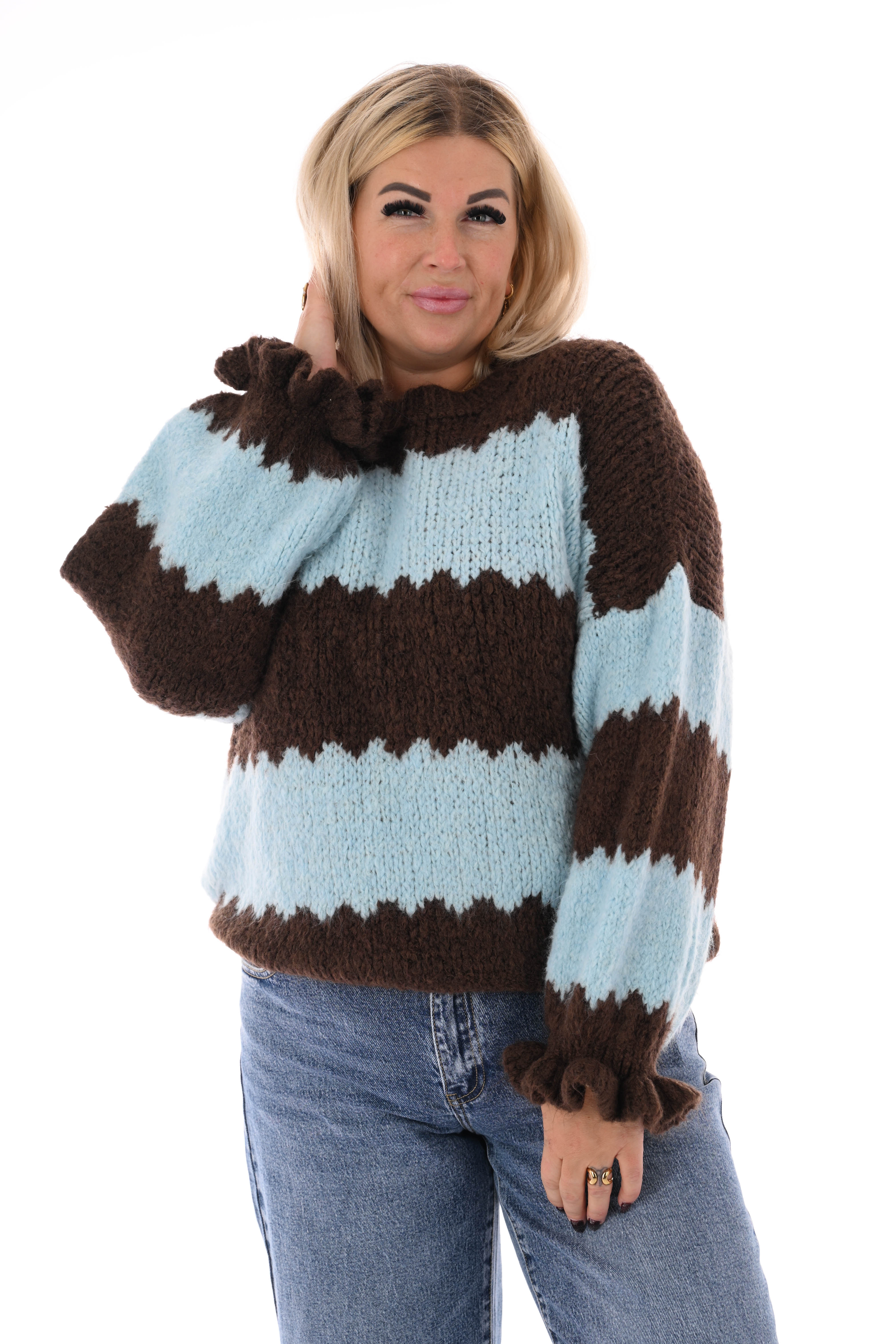 Gebreide trui brede golfstrepen donkerbruin/lichtblauw