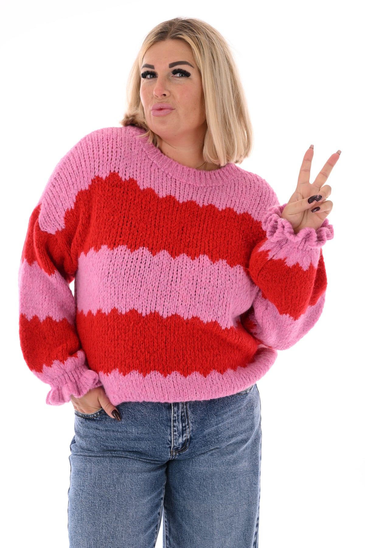 Gebreide trui brede golfstrepen roze/rood