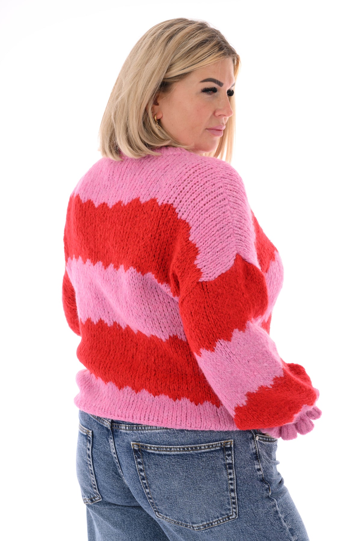 Gebreide trui brede golfstrepen roze/rood