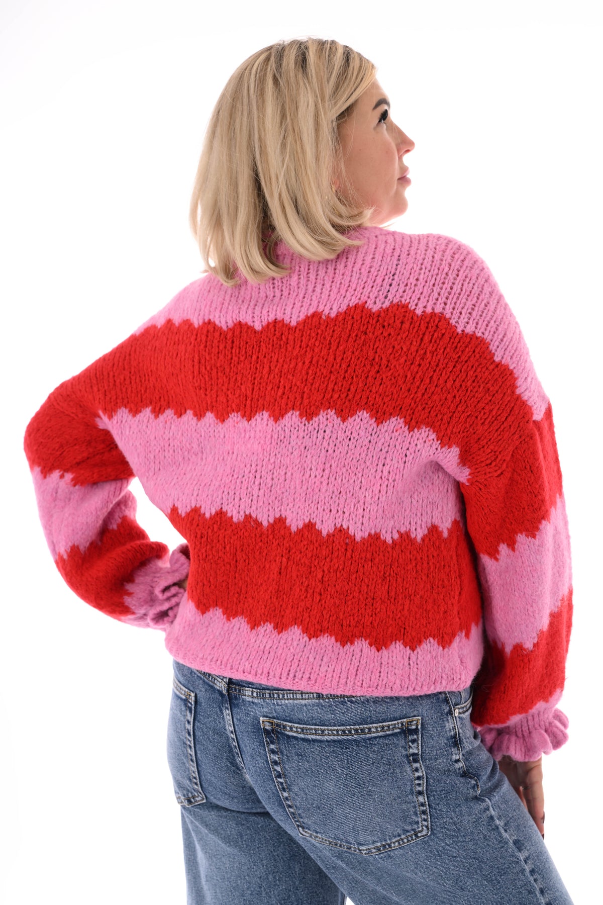 Gebreide trui brede golfstrepen roze/rood