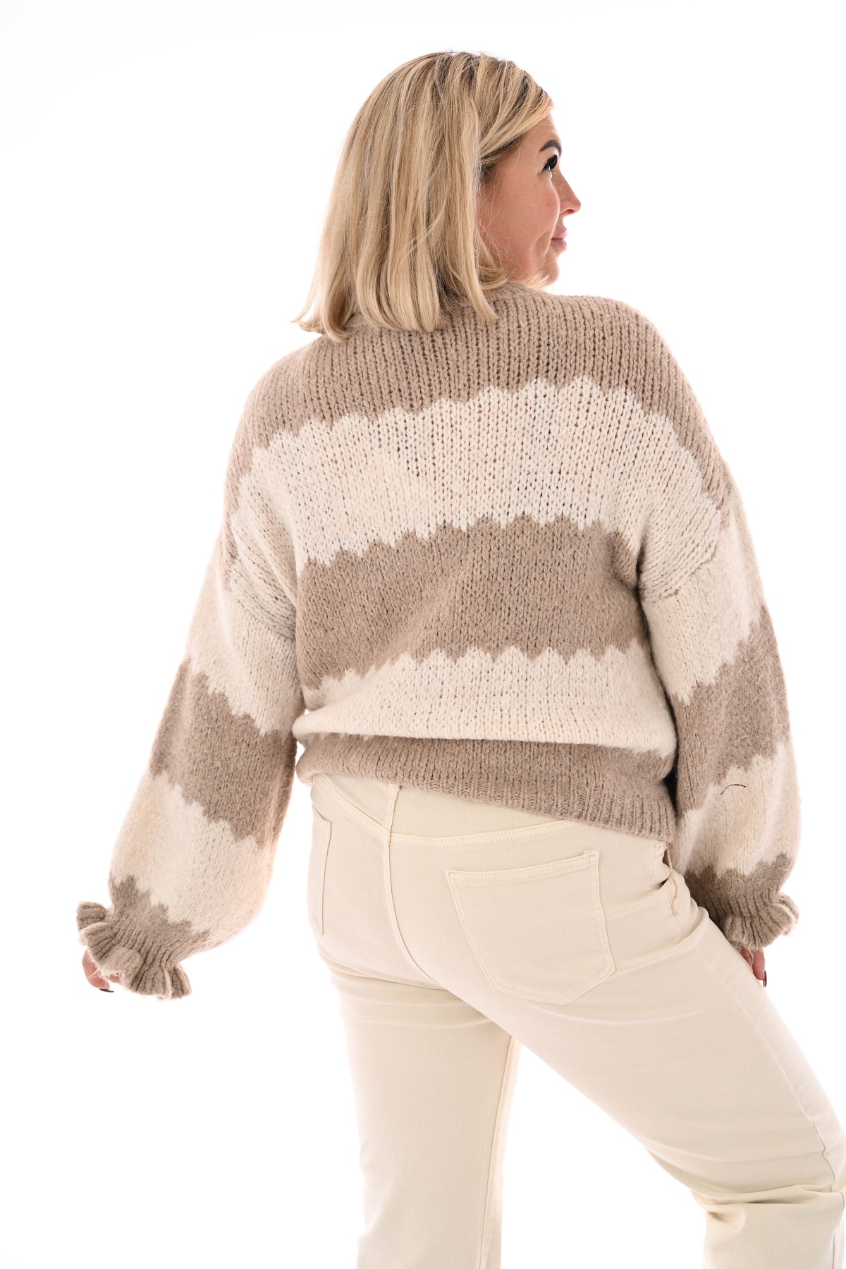 Gebreide trui brede golfstrepen beige/roomwit