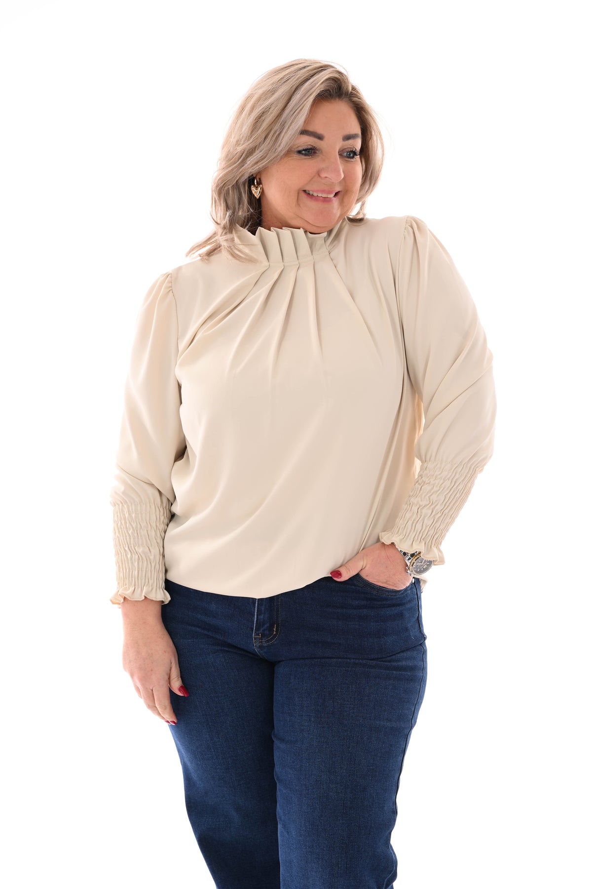 Blouse turtle neck smock mouwen beige