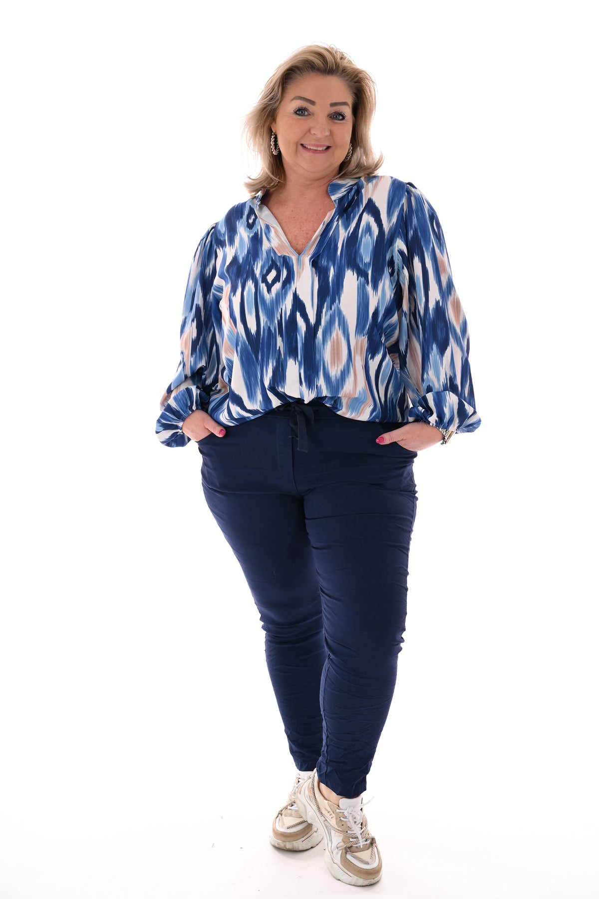 Top lange mouwen v-hals vegen marineblauw