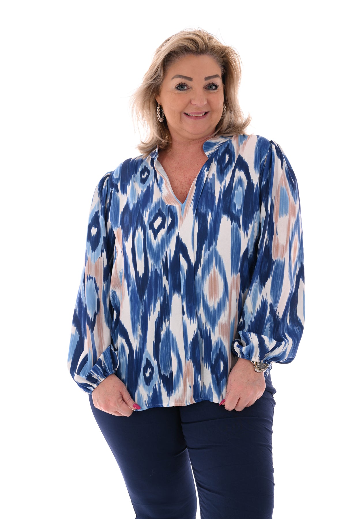 Top lange mouwen v-hals vegen marineblauw