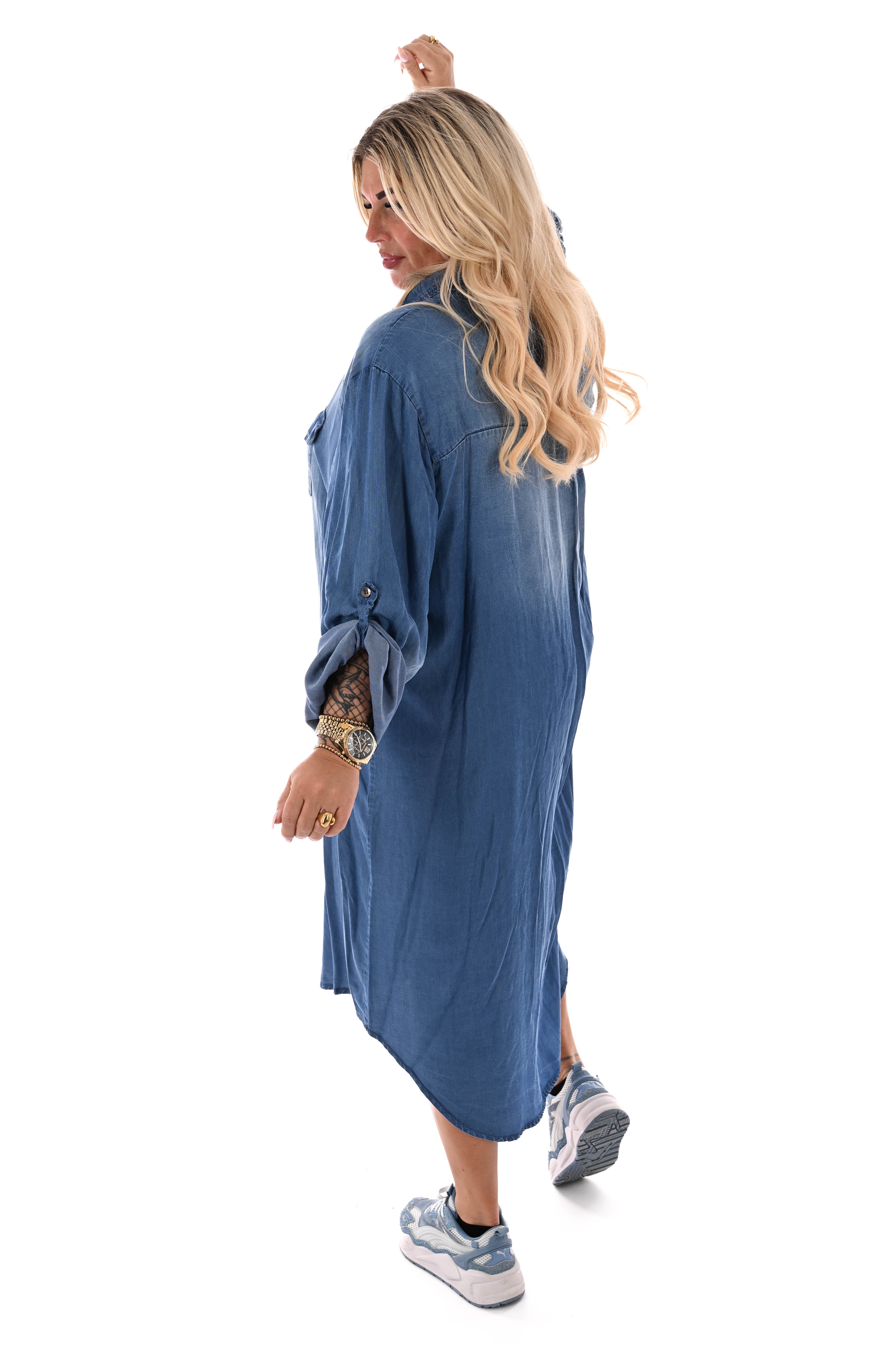 Lange doorknoop jurk comfy jeans blauw