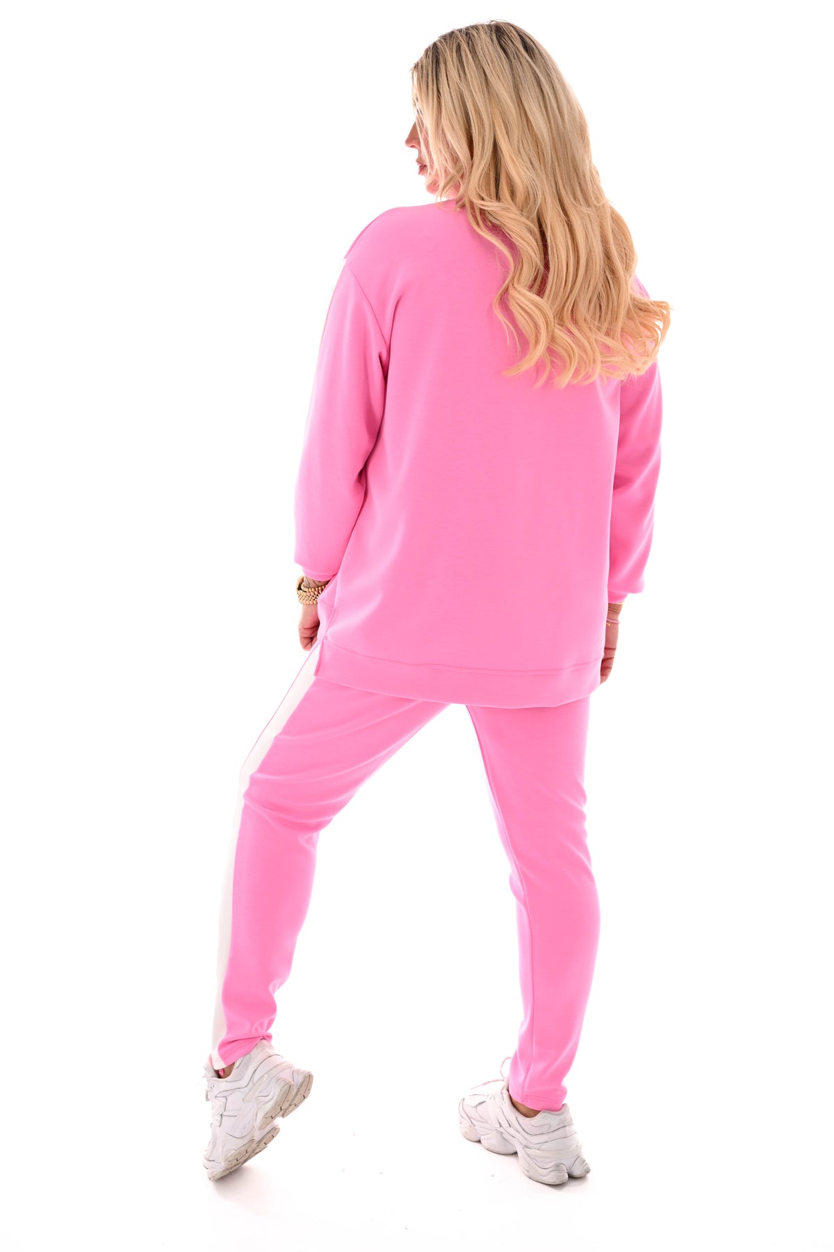 Tweedelig pak brede bies roze