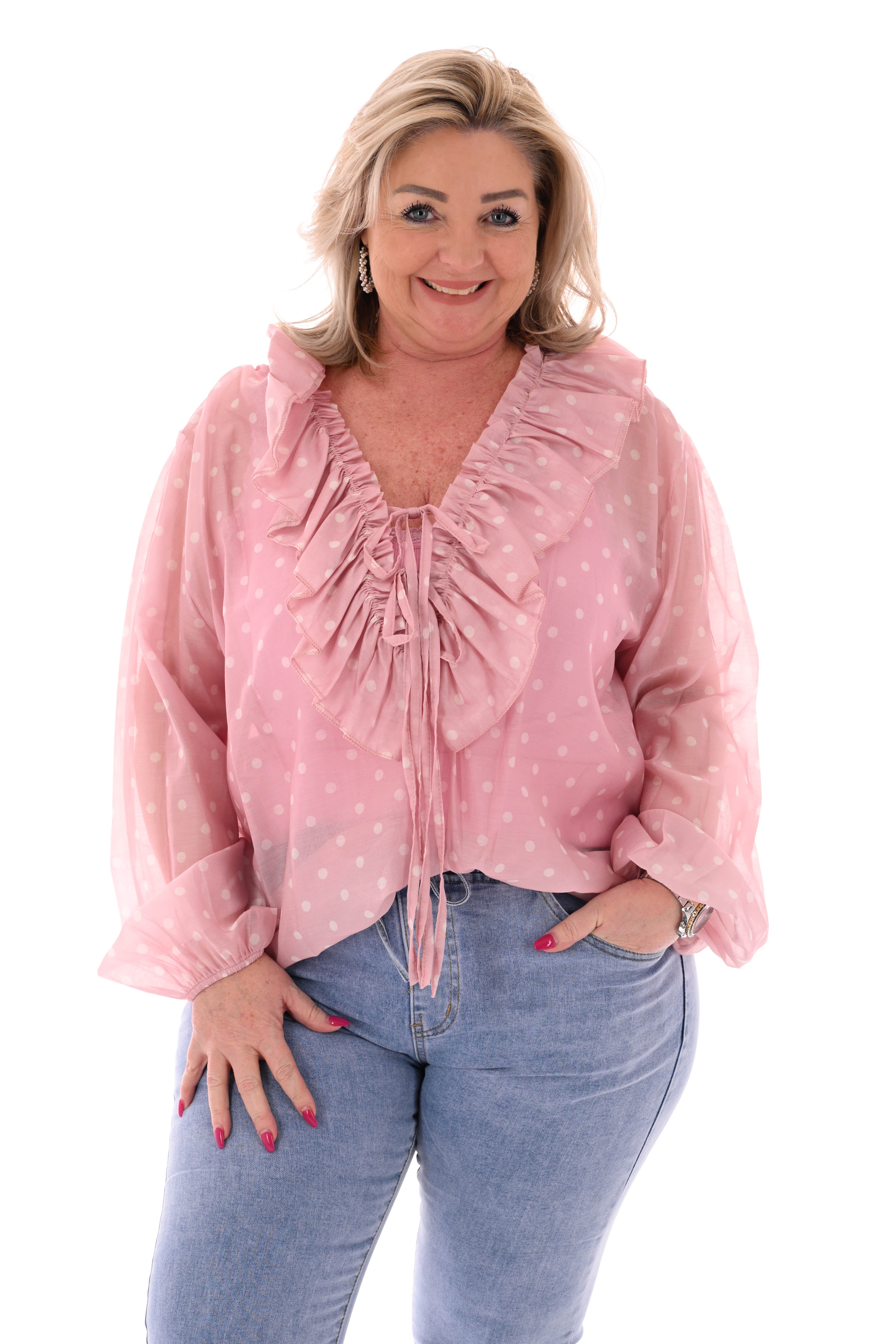 Blouse roezelkraag met dots lichtroze