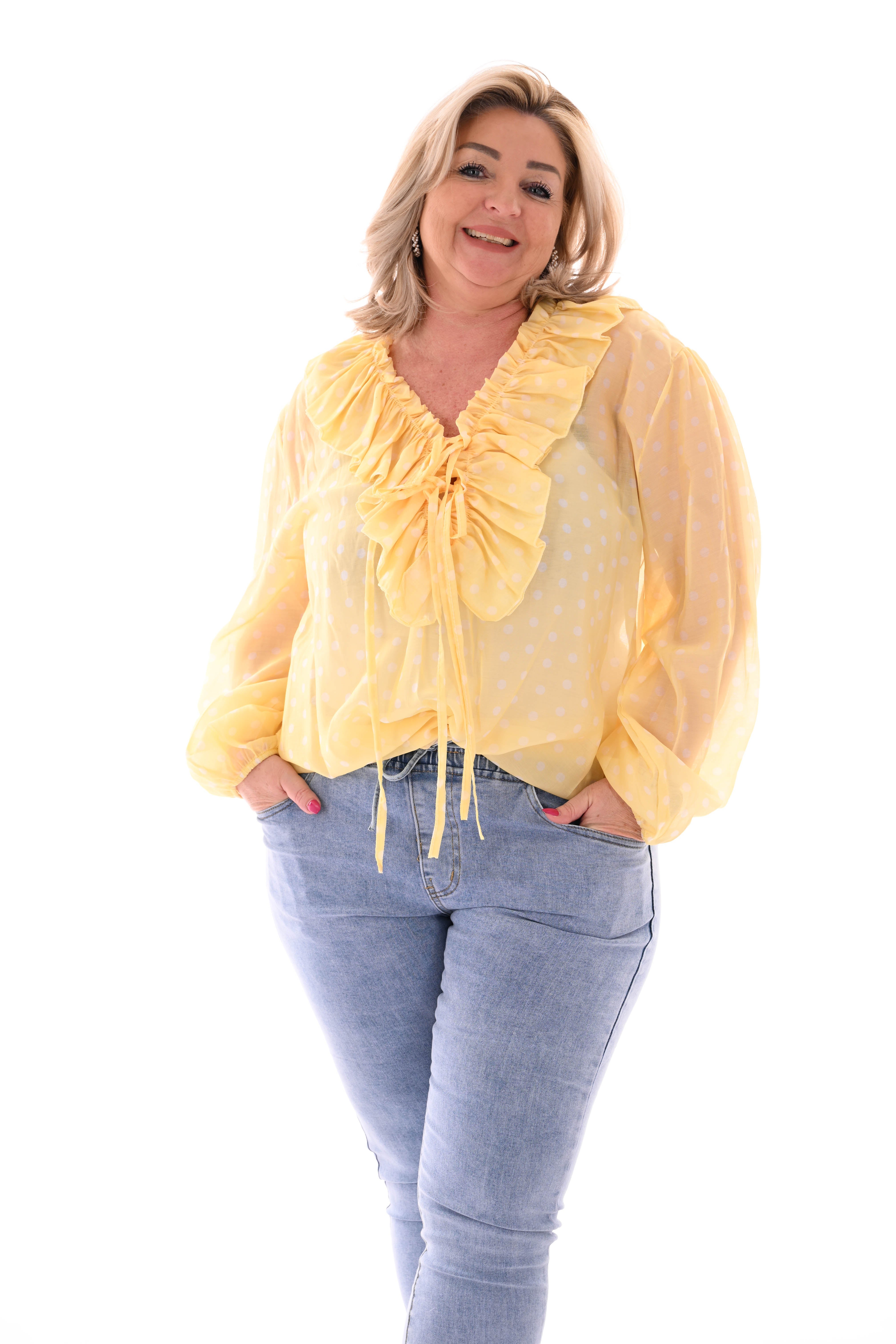 Blouse roezelkraag met dots geel