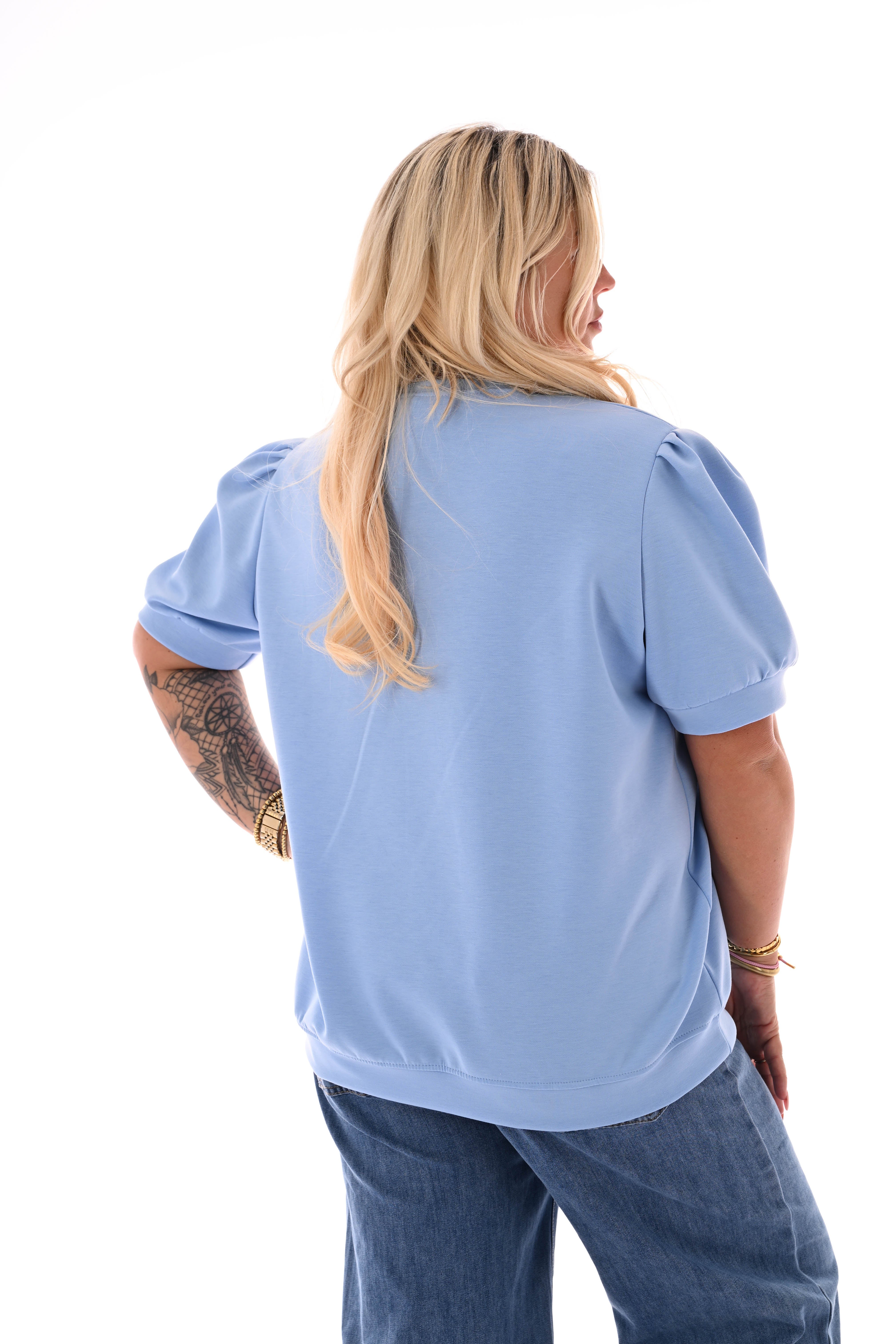 Sweater korte pofmouwen uni lichtblauw
