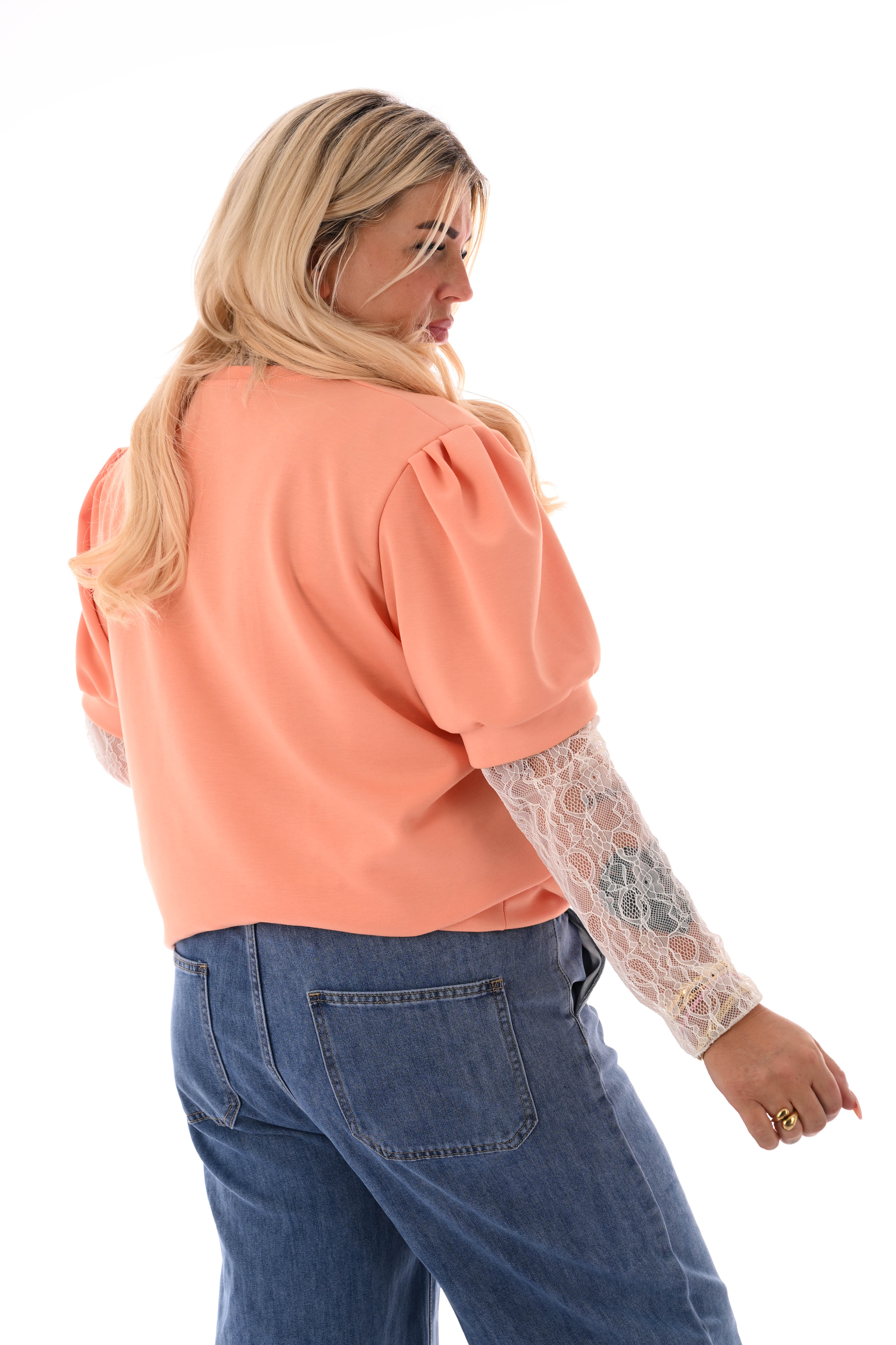 Sweater korte pofmouwen uni oranje